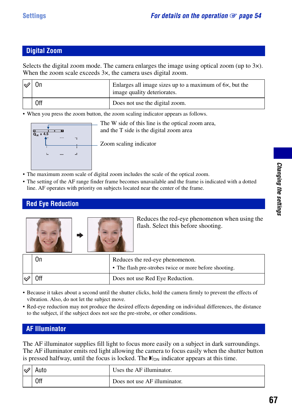 Digital zoom, Red eye reduction, Af illuminator | Red eye reduction af illuminator | Sony DSC-G1 User Manual | Page 67 / 125