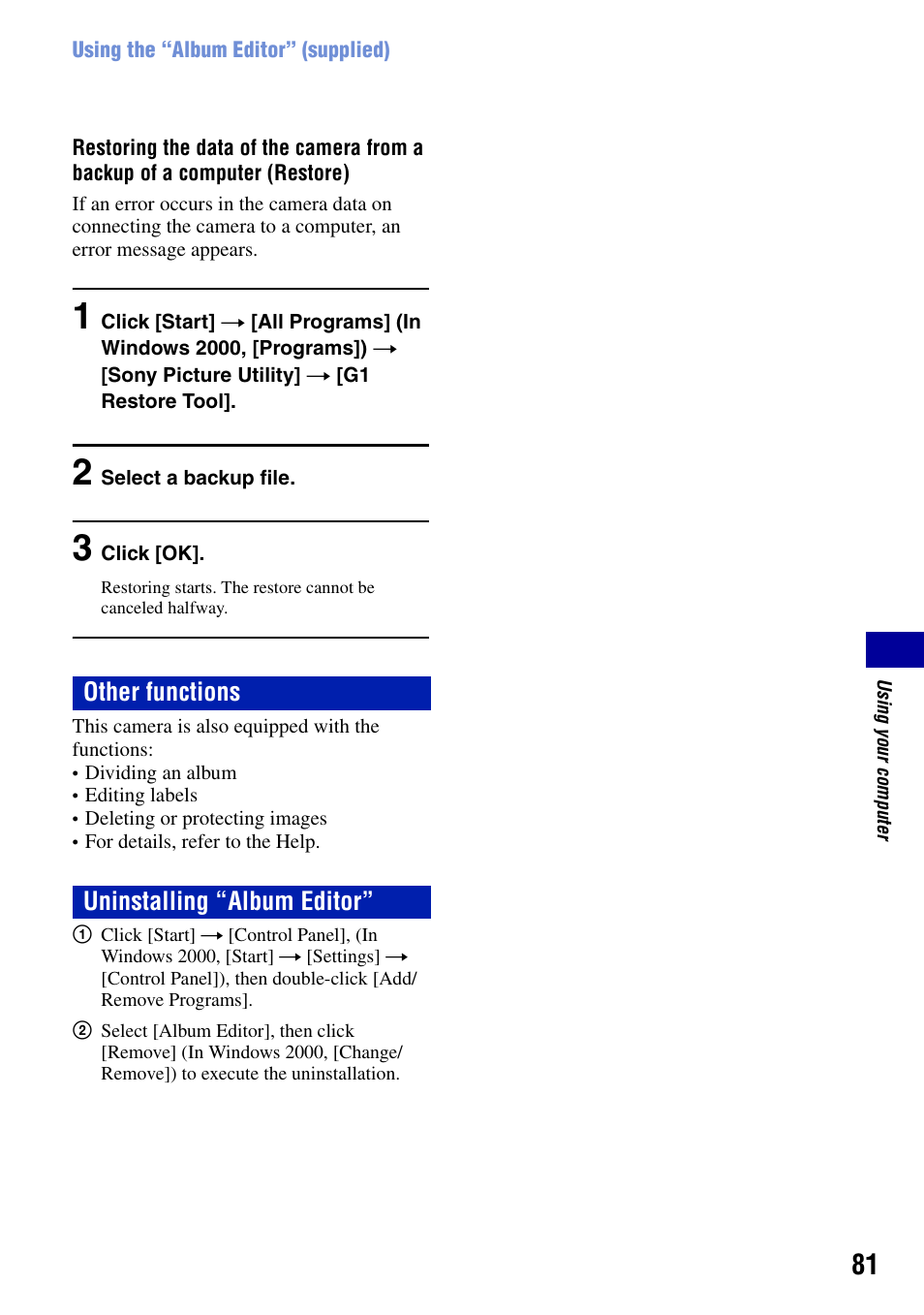 Other functions uninstalling “album editor | Sony DSC-G1 User Manual | Page 81 / 125