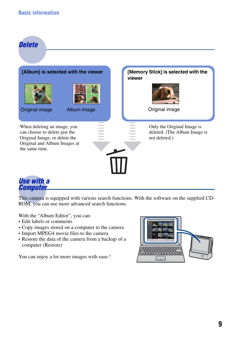 Delete use with a computer | Sony DSC-G1 User Manual | Page 9 / 125