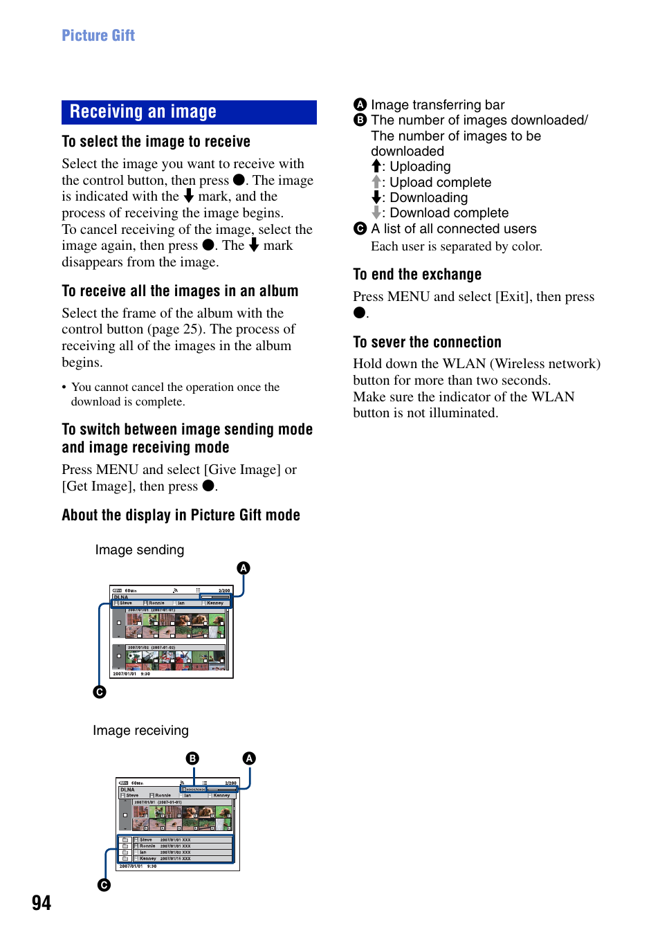 Receiving an image | Sony DSC-G1 User Manual | Page 94 / 125