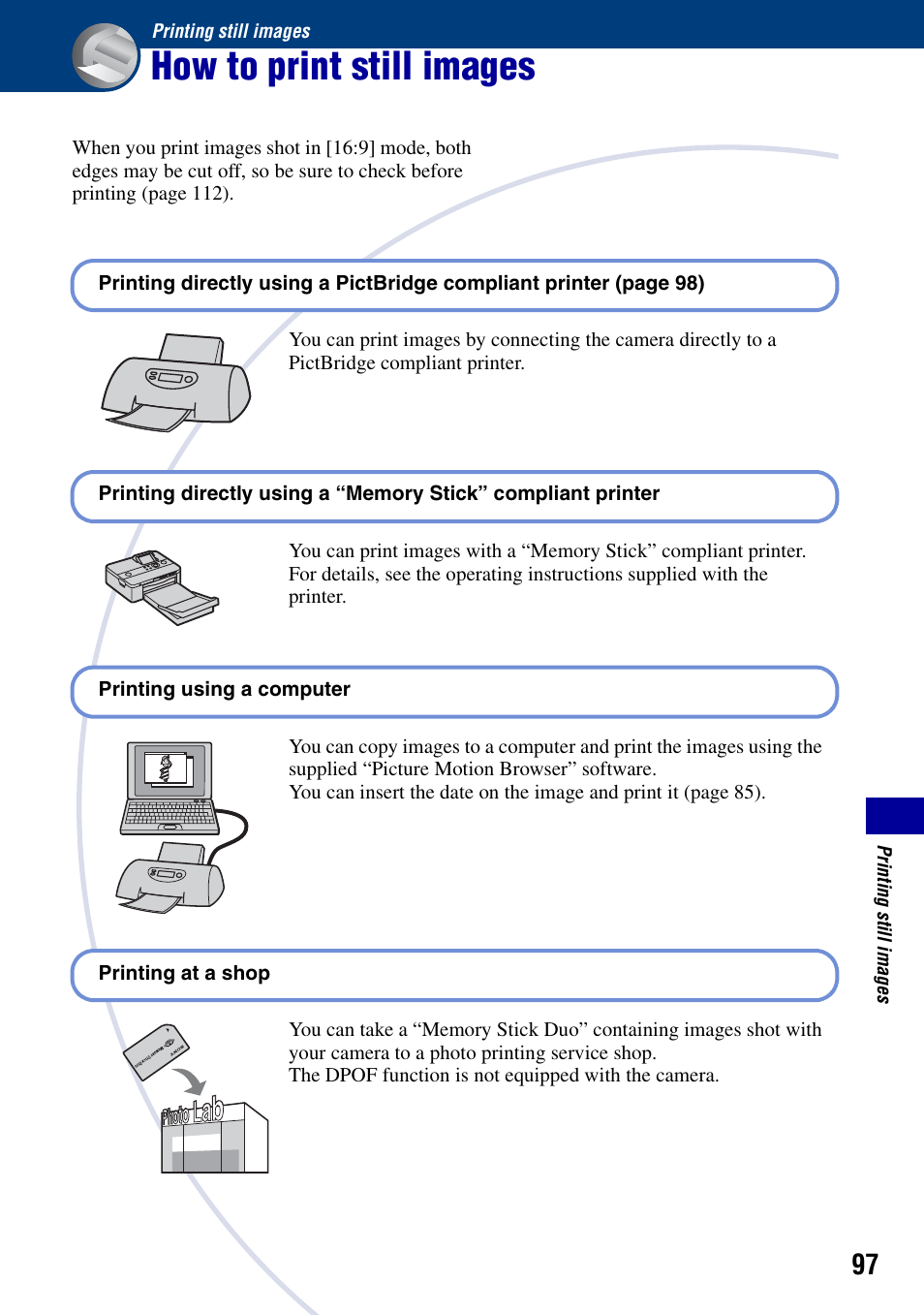 Printing still images, How to print still images | Sony DSC-G1 User Manual | Page 97 / 125