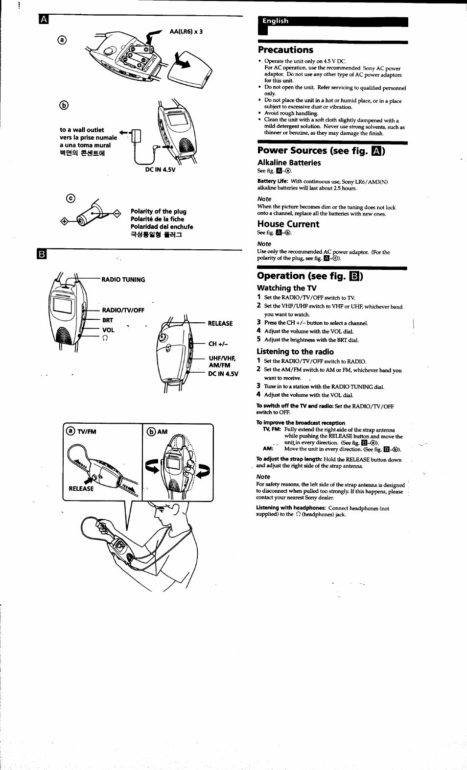 Precautions, Power sources (see fig. qj), Alkaline batteries | House current, Operation (see fig. |0), Watching the tv, Listening to the radio | Sony FDL-221R User Manual | Page 2 / 7