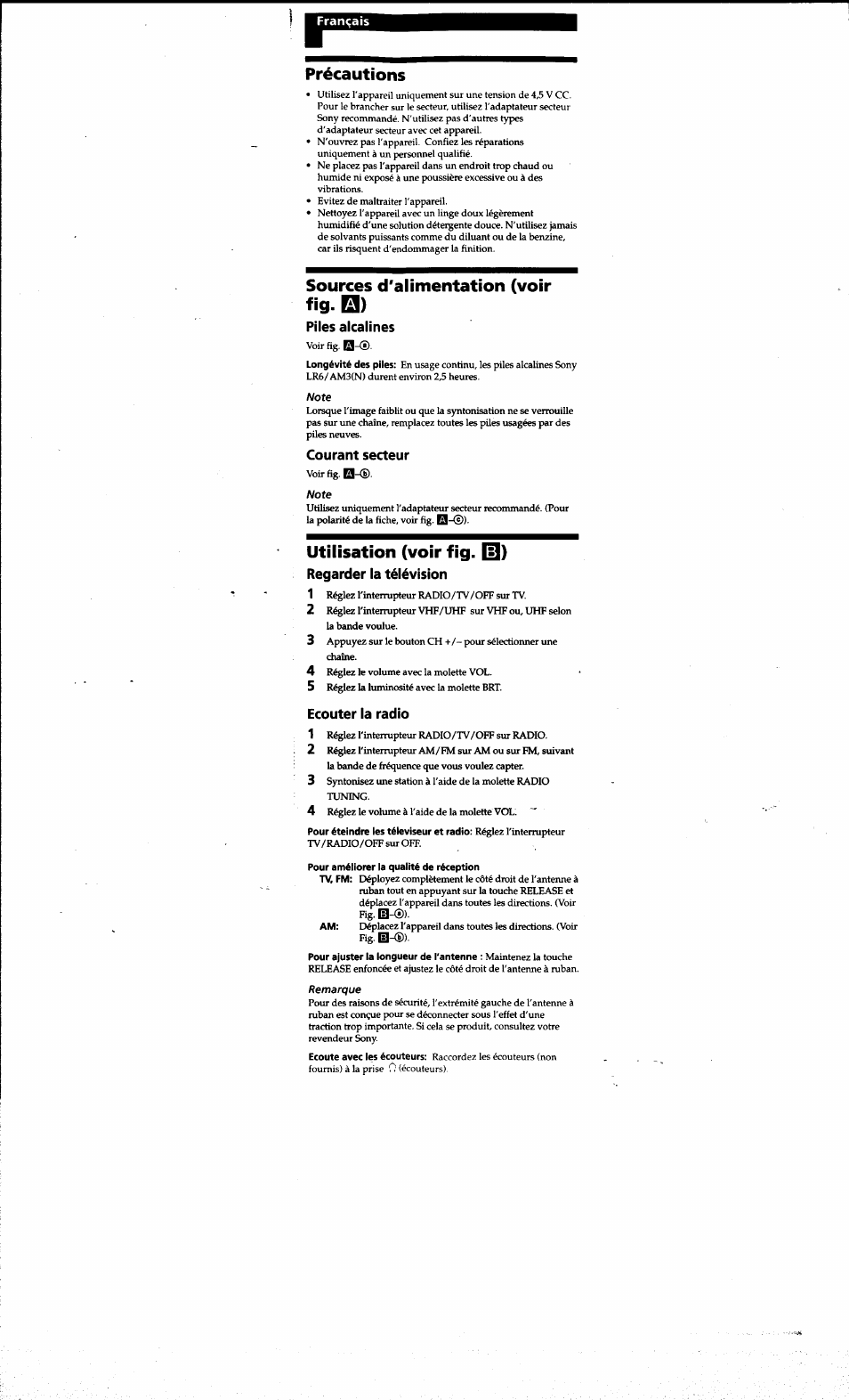 Précautions, Sources d'alimentation (voir fig. □), Piles alcalines | Courant secteur, Utilisation (voir fig. |s), Regarder la télévision, Ecouter la radio, Fig. id-®), Id-®) | Sony FDL-221R User Manual | Page 3 / 7