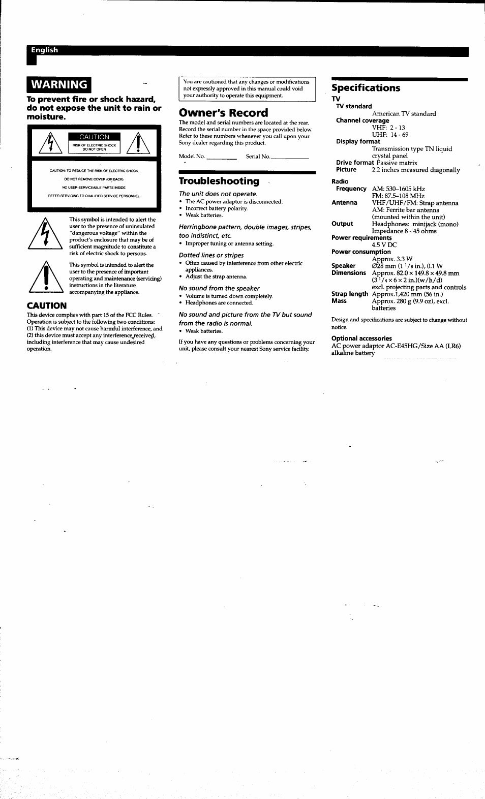 Warning, Caution, Specifications | Owner's record, Troubleshooting, The unit does not operate, Dotted lines or stripes, No sound from the speaker | Sony FDL-221R User Manual | Page 5 / 7