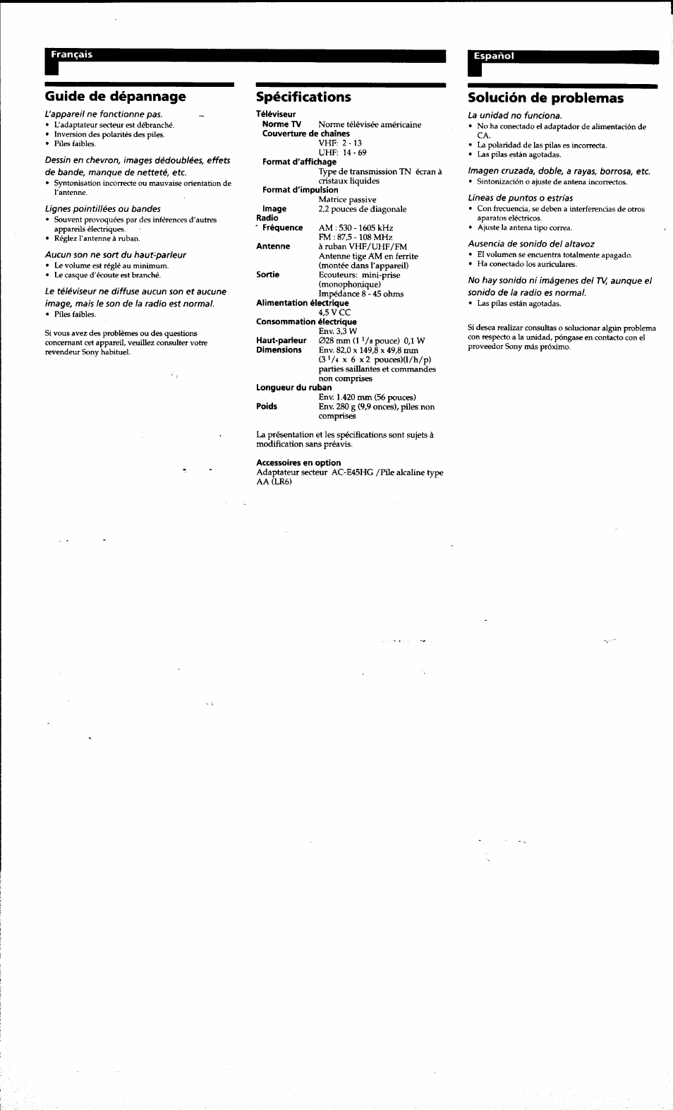 Guide de dépannage, L'appareil ne fonctionne pas, Lignes pointillées ou bandes | Aucun son ne sort du haut-parleur, Spécifications, Solución de problemas, La unidad no funciona, Imagen cruzada, doble, a rayas, borrosa, etc, Líneas de puntos o estrías, Ausencia de sonido del altavoz | Sony FDL-221R User Manual | Page 6 / 7