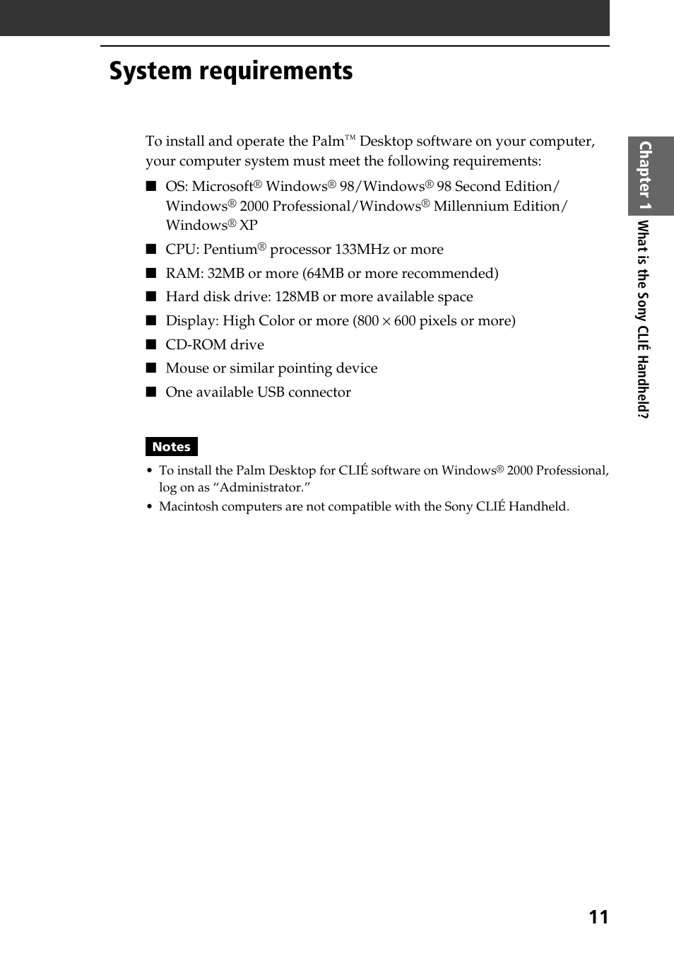 System requirements | Sony PEG-T415 User Manual | Page 11 / 64