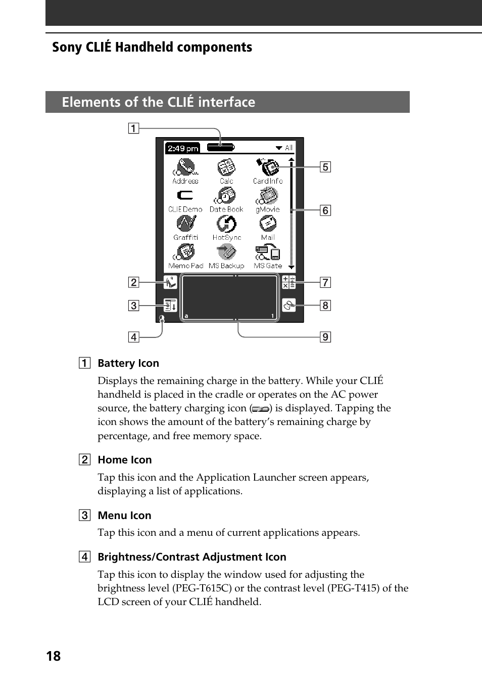 Elements of the clié interface | Sony PEG-T415 User Manual | Page 18 / 64