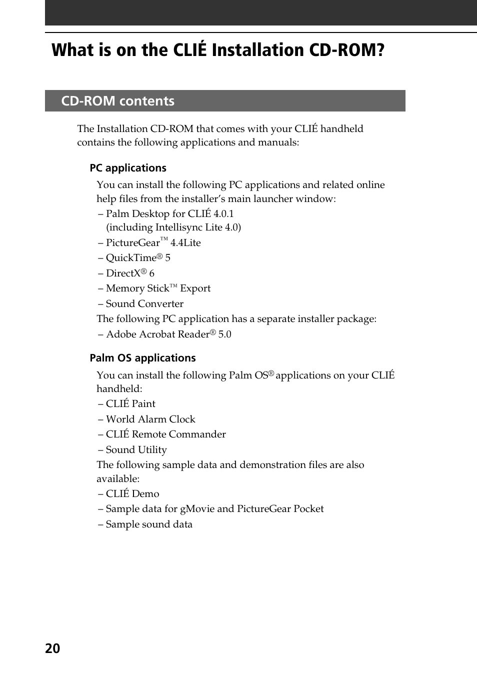 What is on the clié installation cd-rom, Cd-rom contents | Sony PEG-T415 User Manual | Page 20 / 64