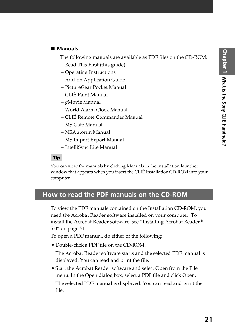 How to read the pdf manuals on the cd-rom | Sony PEG-T415 User Manual | Page 21 / 64