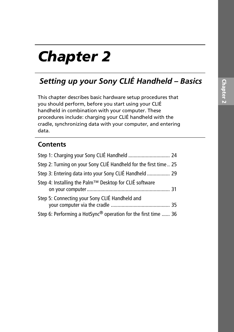 Chapter 2, Setting up your sony clié handheld – basics | Sony PEG-T415 User Manual | Page 23 / 64