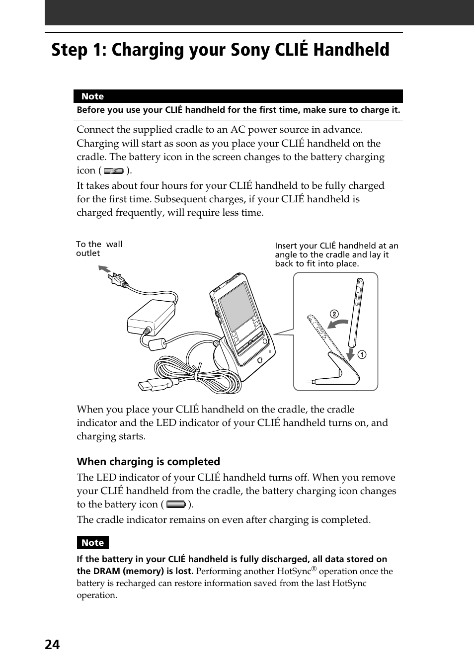 Step 1: charging your sony clié handheld, Step 1: charging your sony clié, Handheld | Sony PEG-T415 User Manual | Page 24 / 64