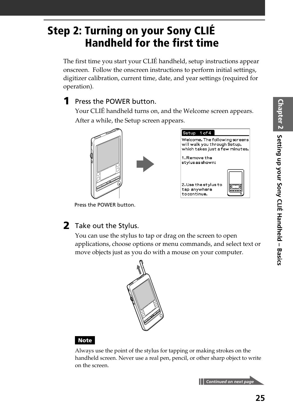 Step 2: turning on your sony clié, Handheld for the first time | Sony PEG-T415 User Manual | Page 25 / 64