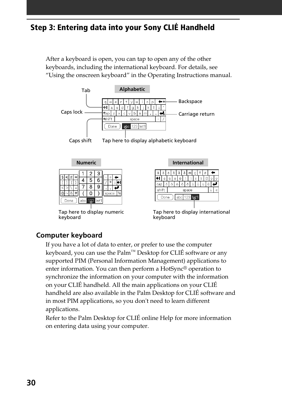 Step 3: entering data into your sony clié handheld, Computer keyboard | Sony PEG-T415 User Manual | Page 30 / 64