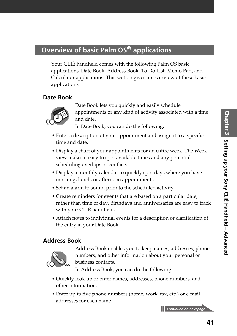 Overview of basic palm os® applications, Overview of basic palm os, Applications | Sony PEG-T415 User Manual | Page 41 / 64