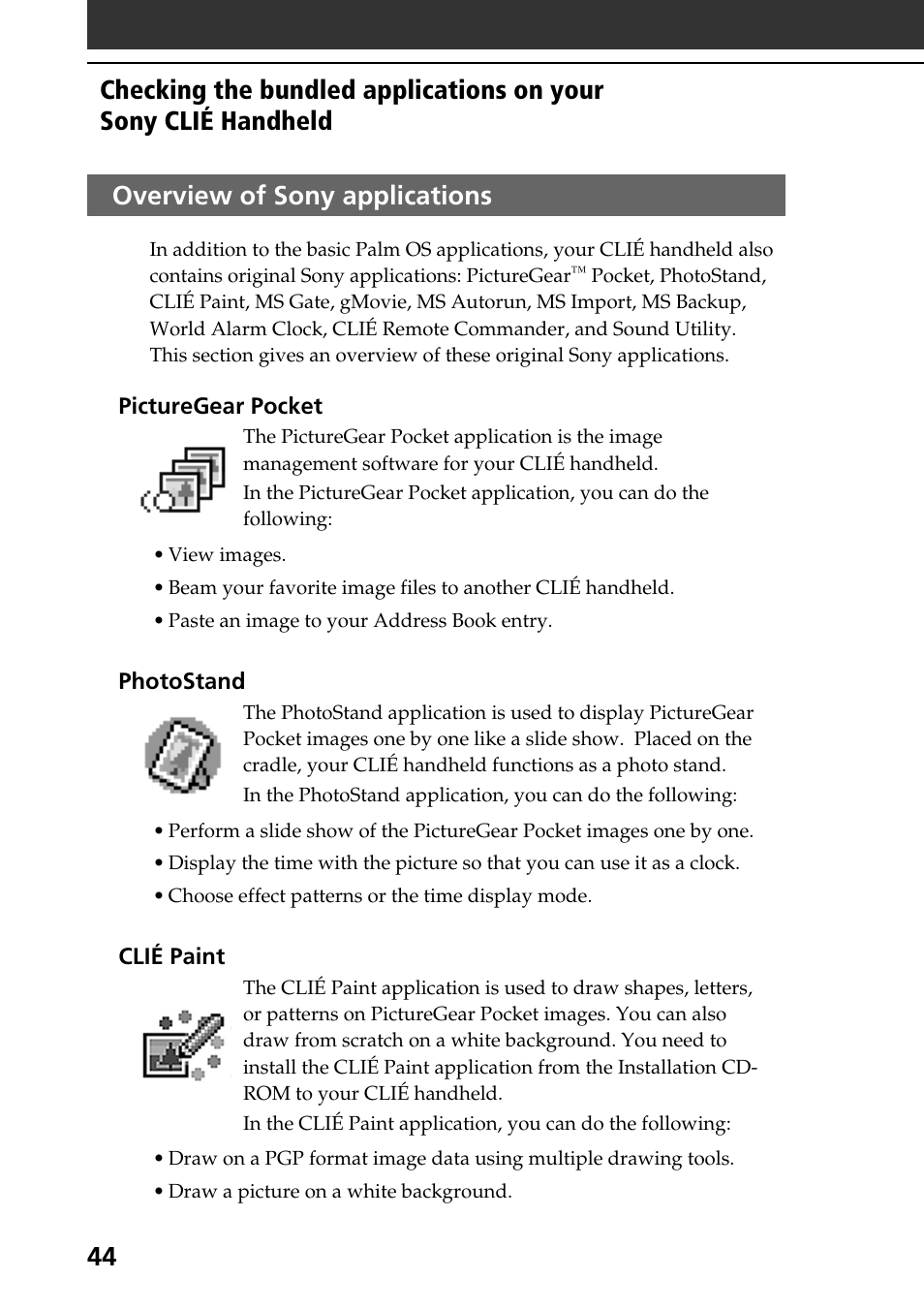 Overview of sony applications, 44 overview of sony applications | Sony PEG-T415 User Manual | Page 44 / 64