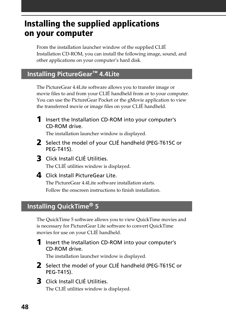 Installing picturegear™ 4.4lite, Installing quicktime® 5, Installing picturegear | 4lite, Installing quicktime | Sony PEG-T415 User Manual | Page 48 / 64