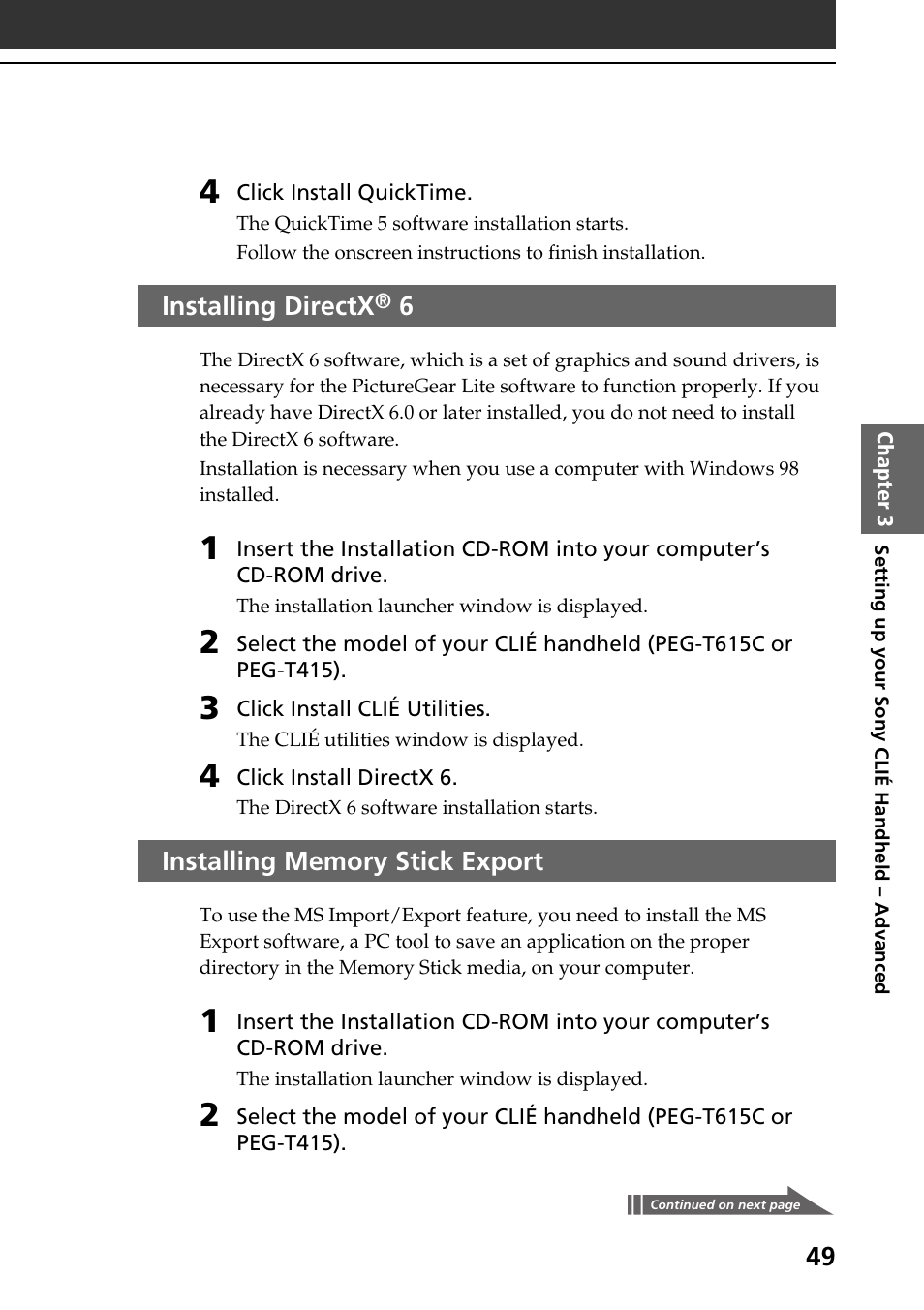 Installing directx® 6, Installing memory stick export, Installing directx | Sony PEG-T415 User Manual | Page 49 / 64