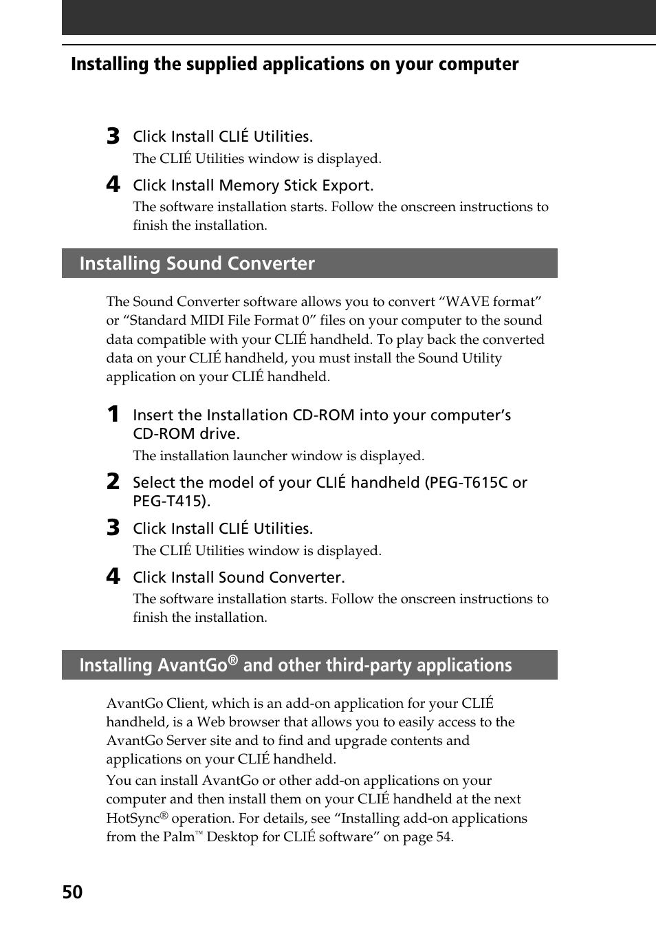 Installing sound converter, Installing sound converter installing avantgo, And other third | Party applications | Sony PEG-T415 User Manual | Page 50 / 64