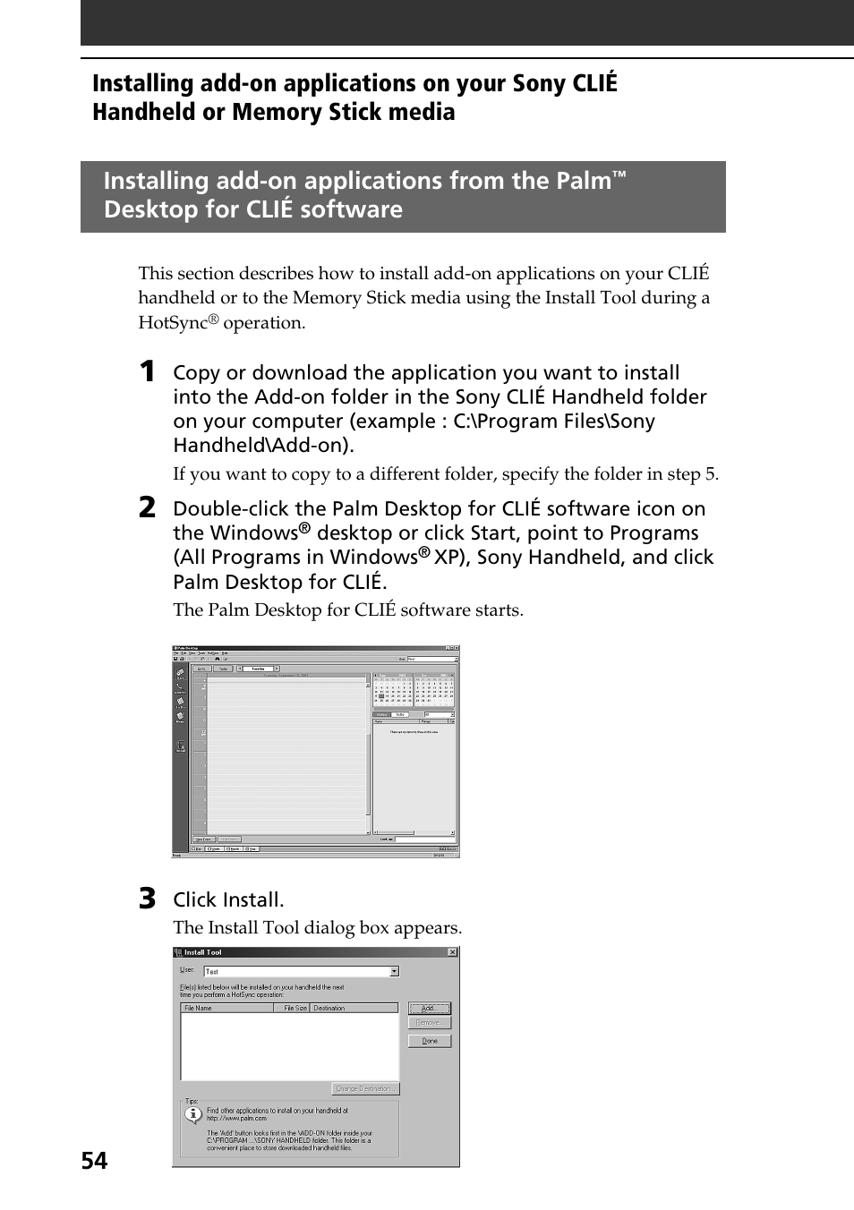 Installing add-on applications from the palm, Desktop for, Clié software | Desktop for clié software | Sony PEG-T415 User Manual | Page 54 / 64