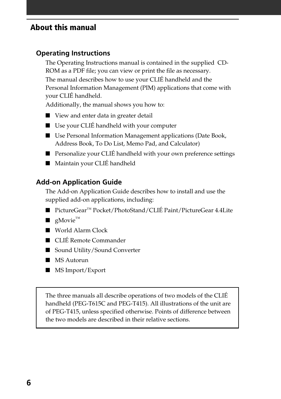About this manual | Sony PEG-T415 User Manual | Page 6 / 64