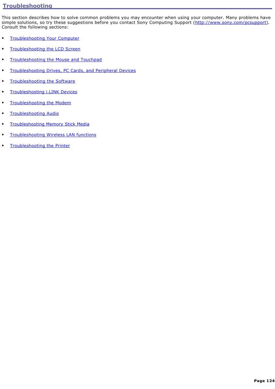 Troubleshooting | Sony PCG-SRX87P User Manual | Page 124 / 177