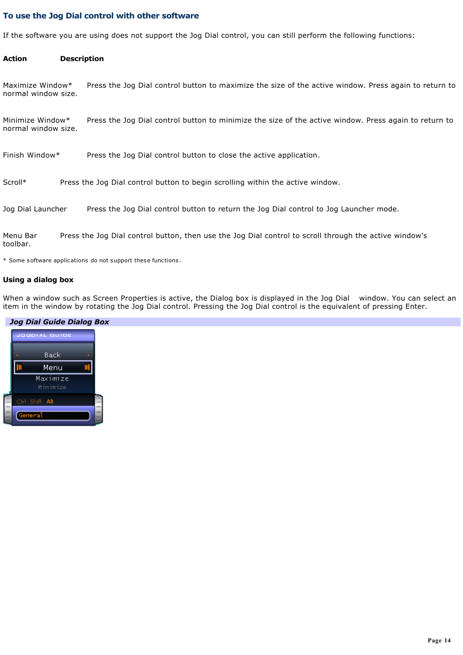 To use the jog dial control with other software | Sony PCG-SRX87P User Manual | Page 14 / 177