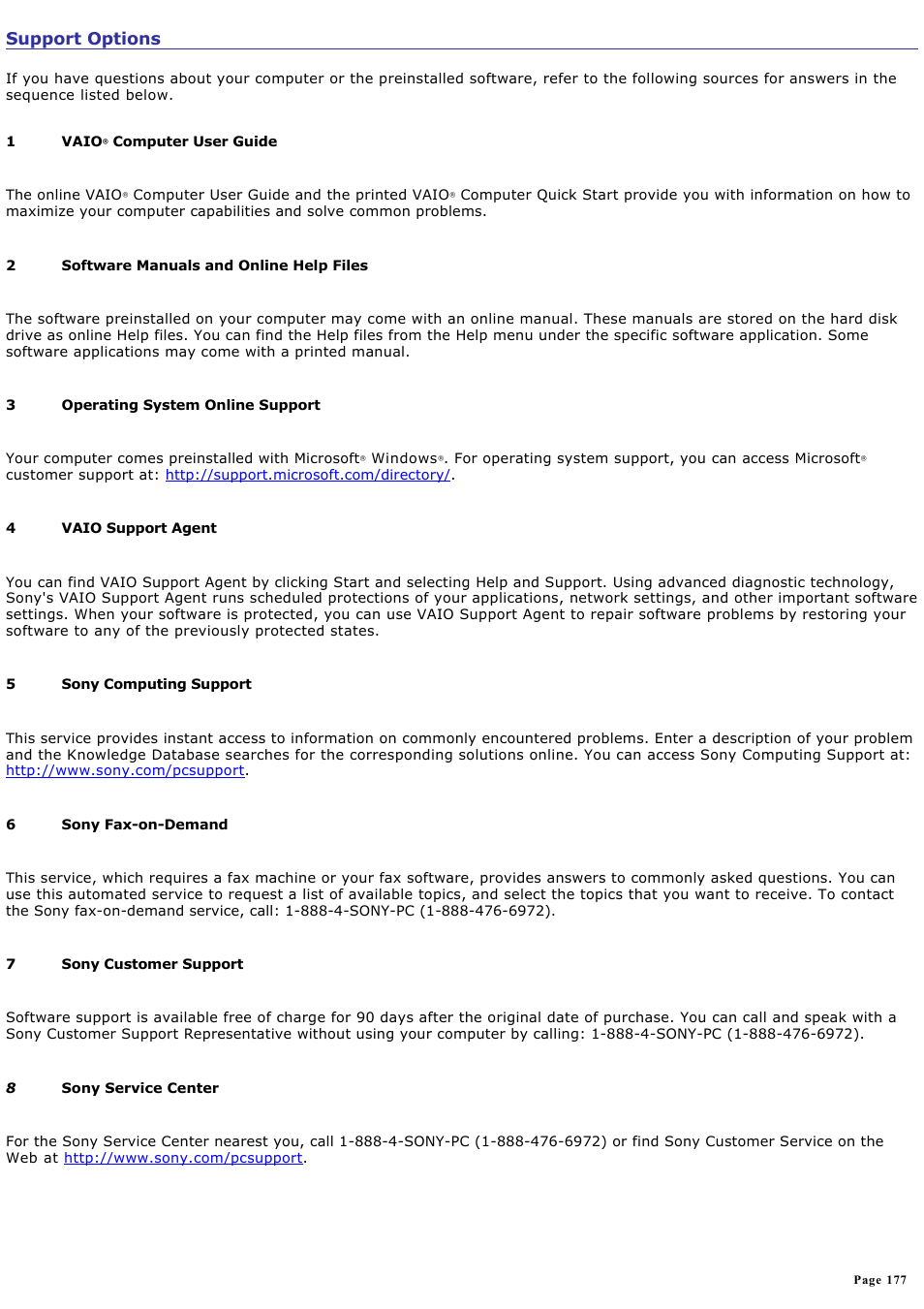 Support options | Sony PCG-SRX87P User Manual | Page 177 / 177