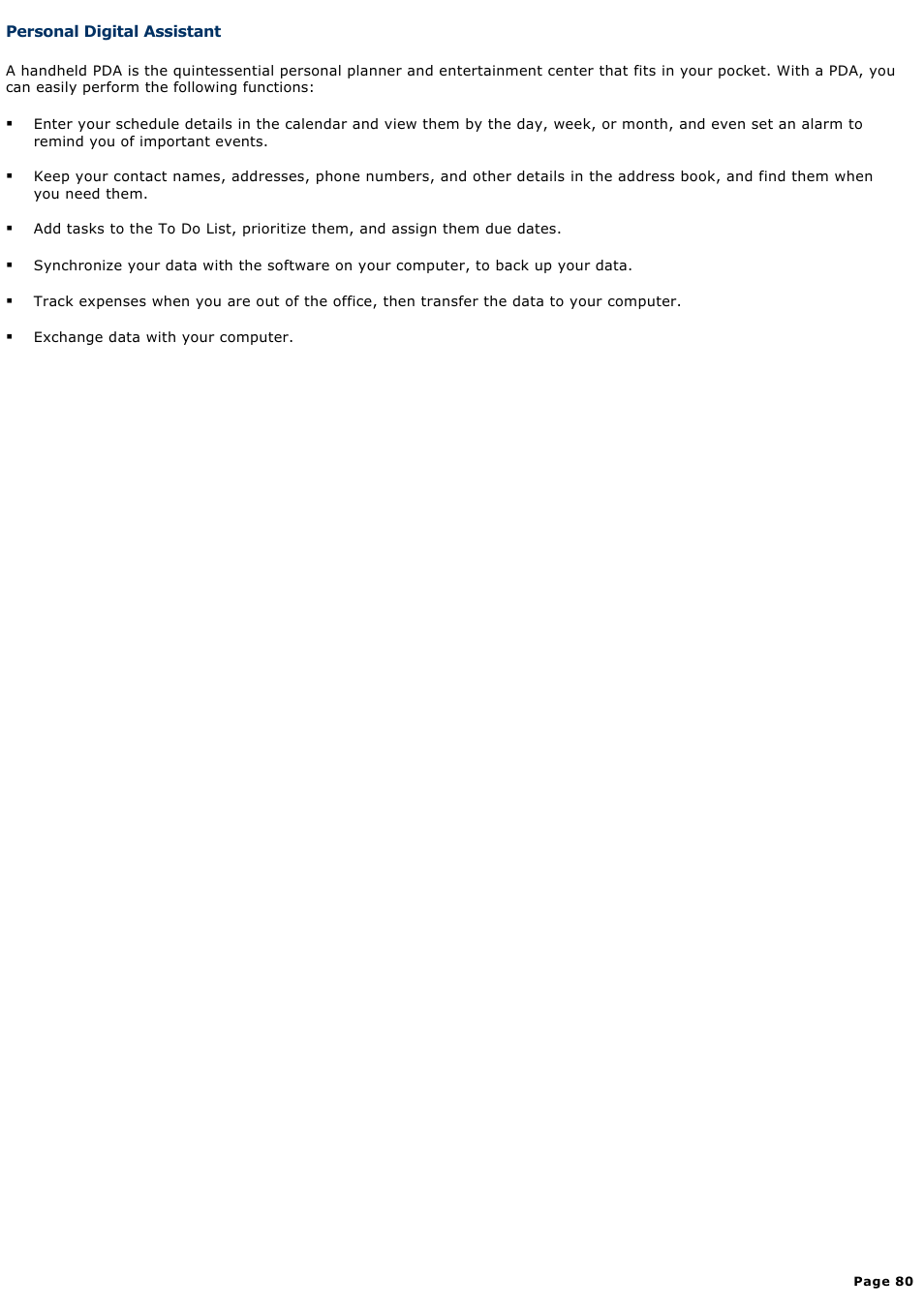 Personal digital assistant | Sony PCG-SRX87P User Manual | Page 80 / 177