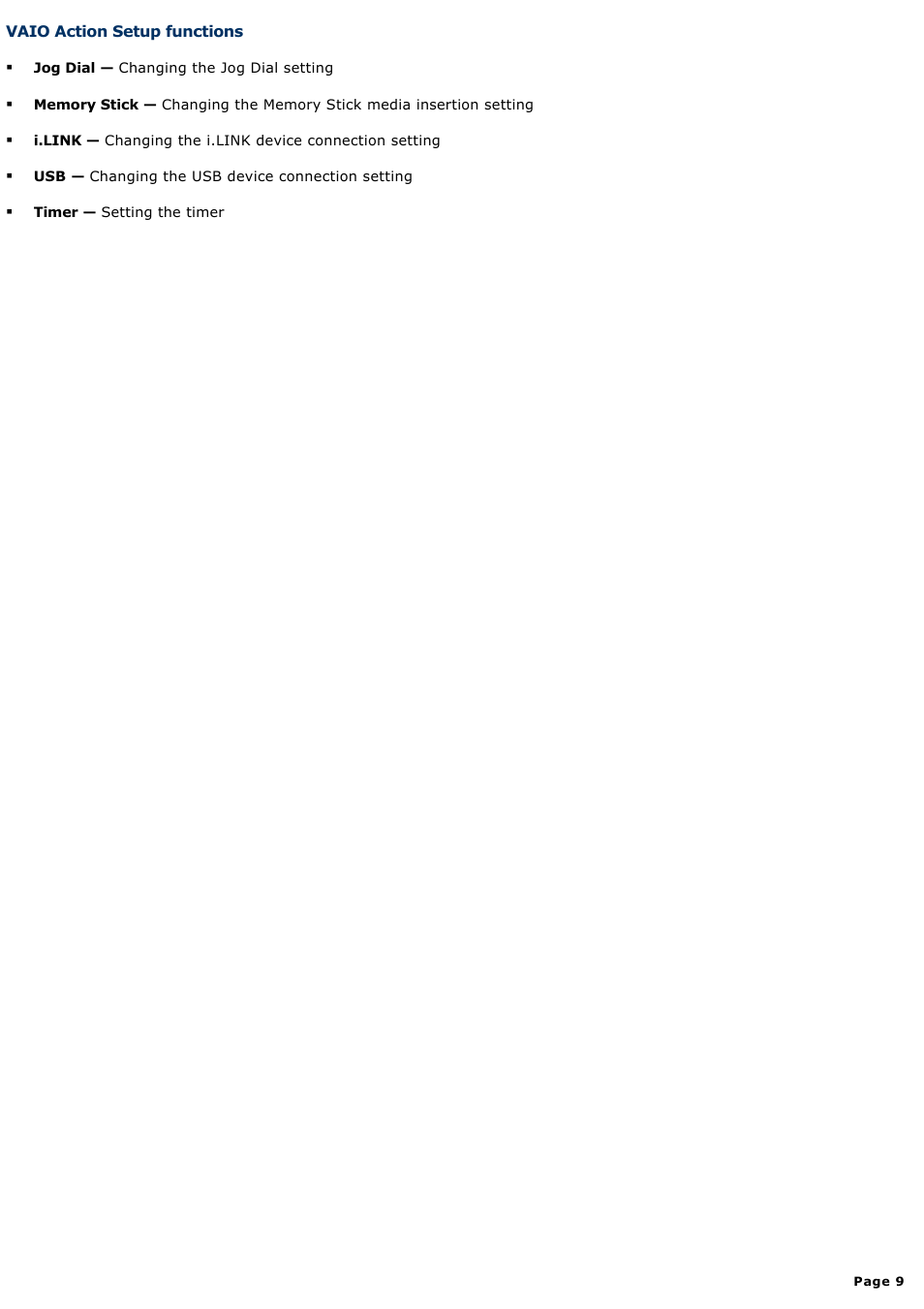 Vaio action setup functions | Sony PCG-SRX87P User Manual | Page 9 / 177