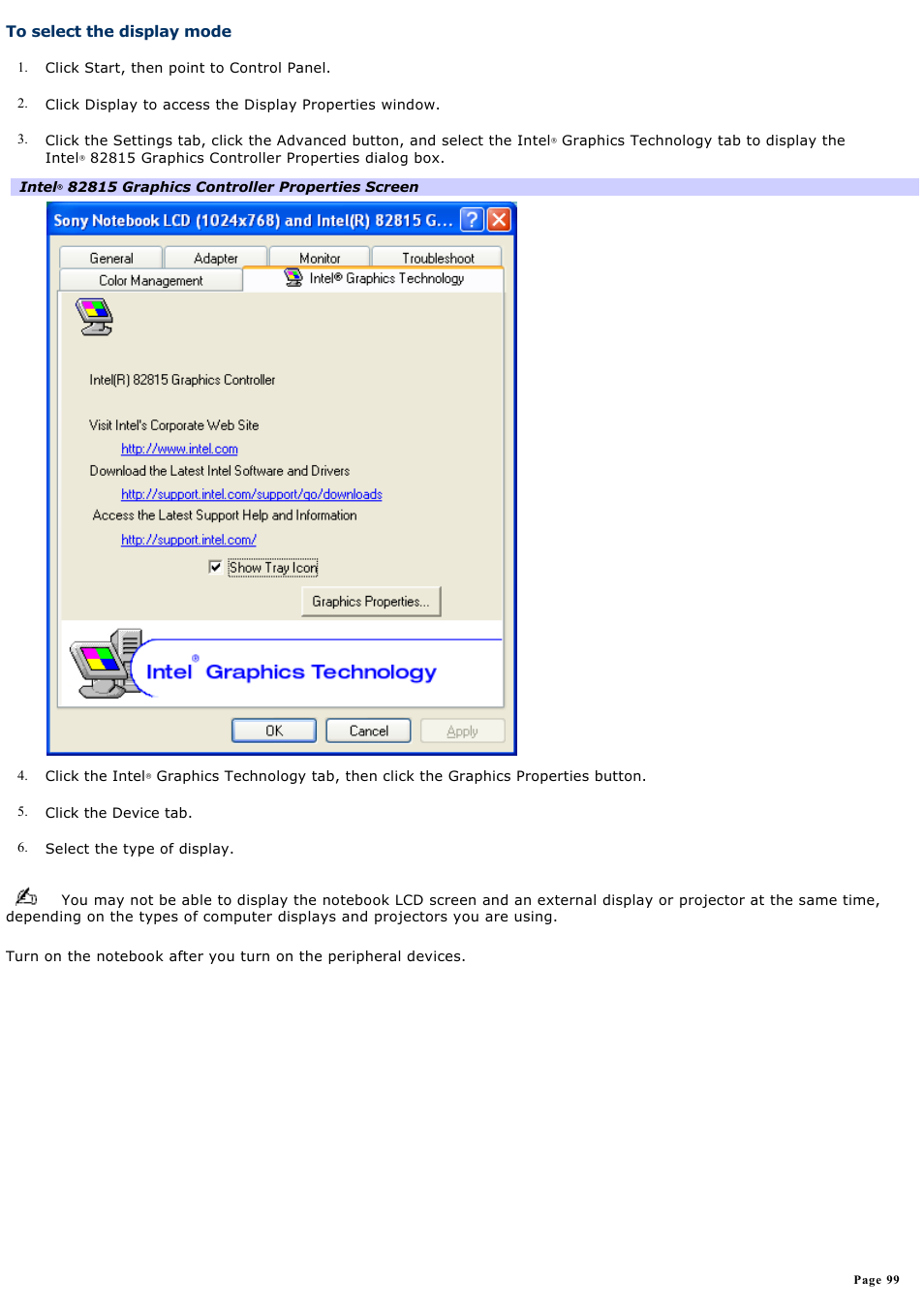 To select the display mode | Sony PCG-SRX87P User Manual | Page 99 / 177