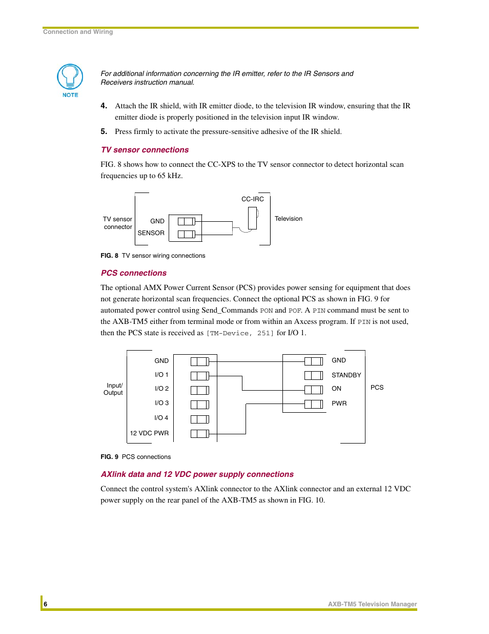 Tv sensor connections, Pcs connections, Axlink data and 12 vdc power supply connections | AMX AXB-TM5 User Manual | Page 10 / 20