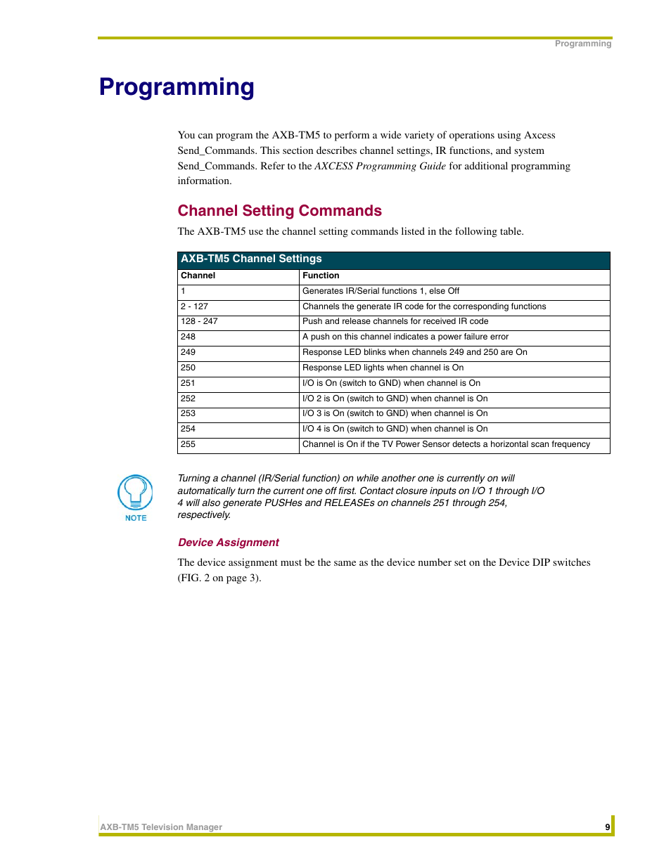 Programming, Channel setting commands, Device assignment | AMX AXB-TM5 User Manual | Page 13 / 20