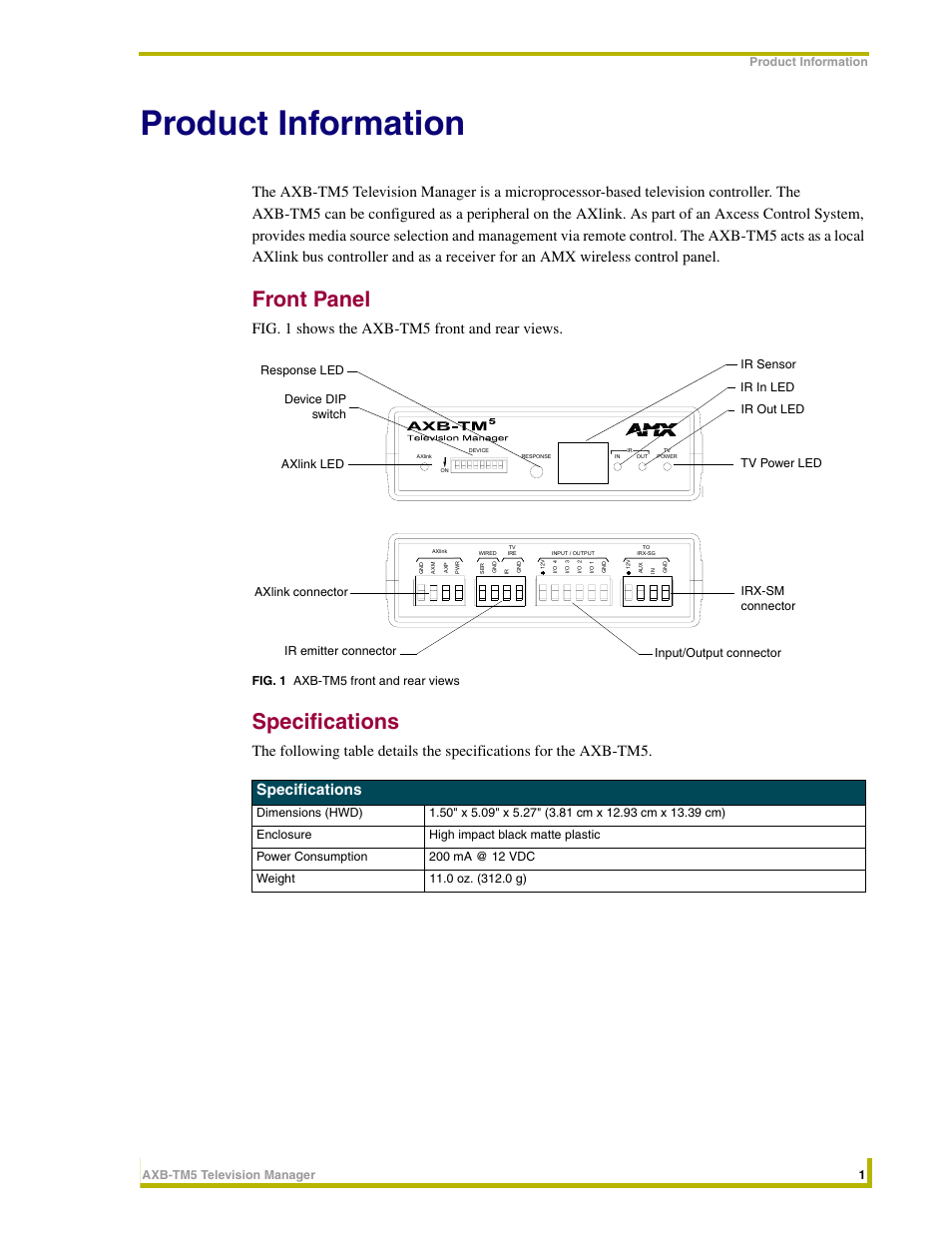 Product information, Front panel, Specifications | Fig. 1 shows the axb-tm5 front and rear views | AMX AXB-TM5 User Manual | Page 5 / 20