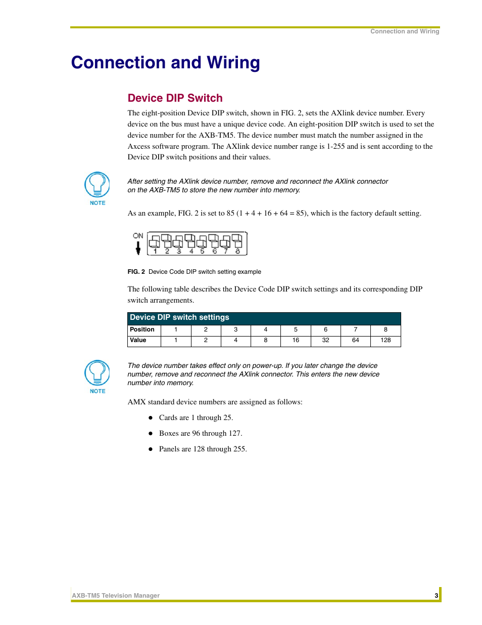 Connection and wiring, Device dip switch | AMX AXB-TM5 User Manual | Page 7 / 20