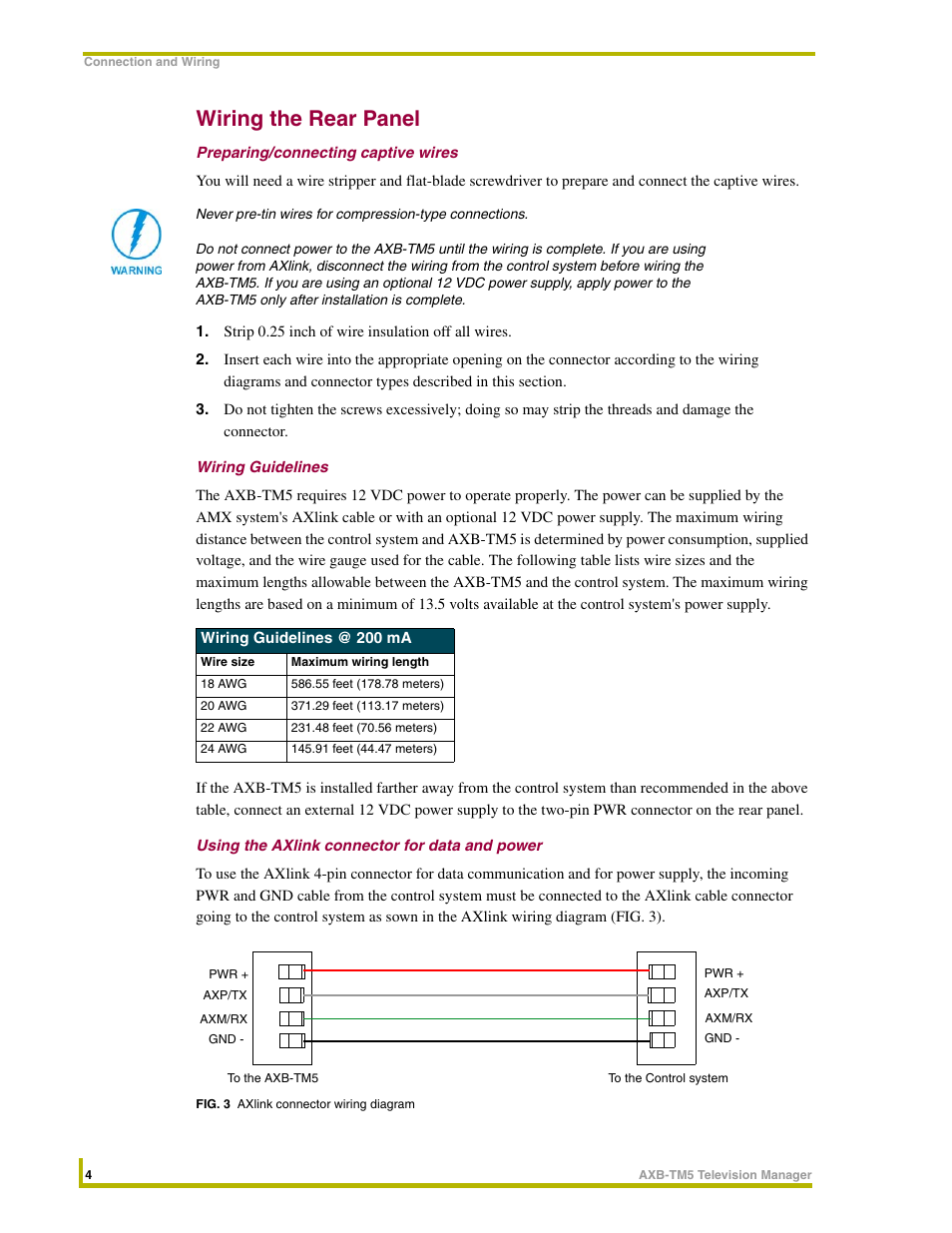 Wiring the rear panel, Preparing/connecting captive wires, Wiring guidelines | Using the axlink connector for data and power | AMX AXB-TM5 User Manual | Page 8 / 20