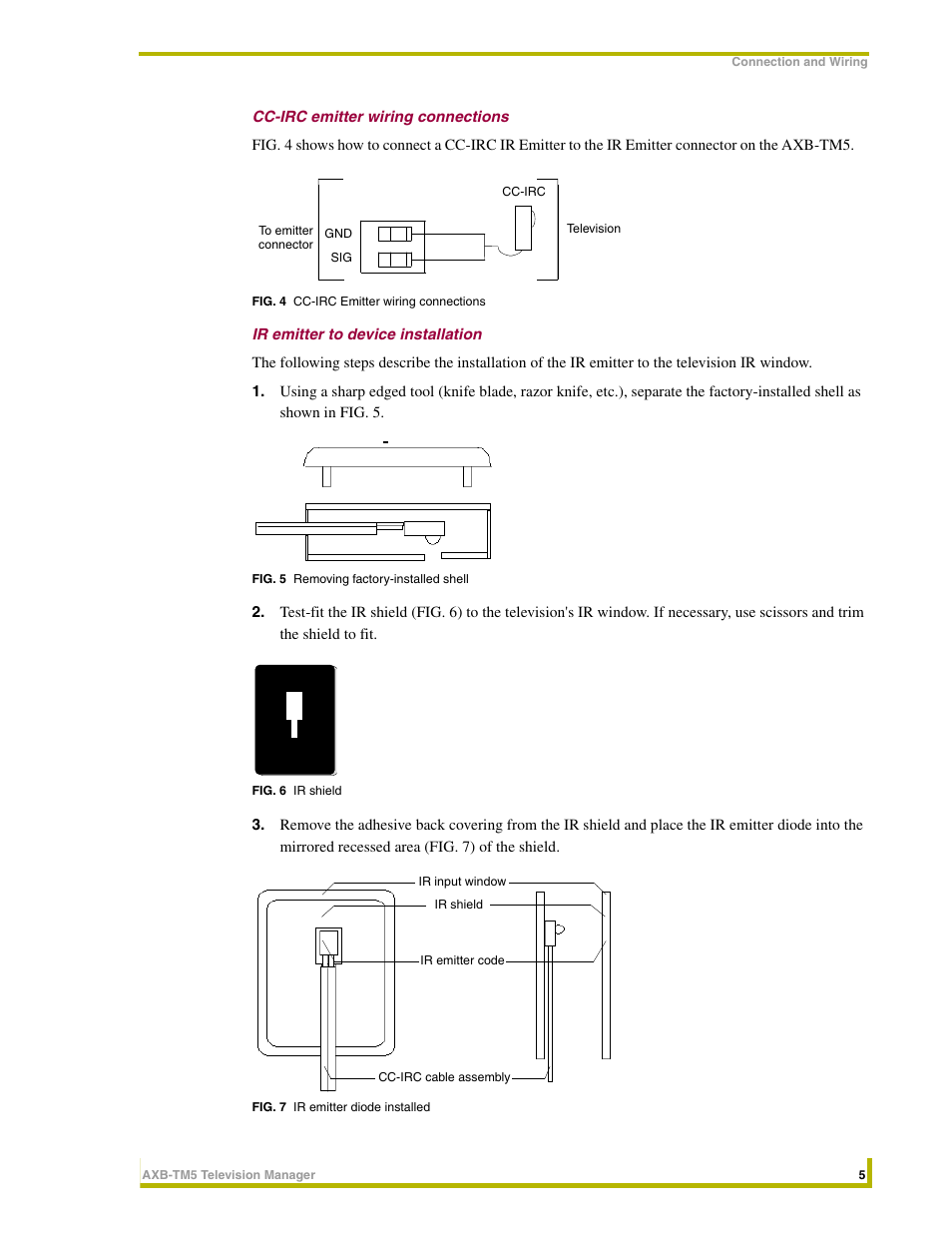 Cc-irc emitter wiring connections, Ir emitter to device installation | AMX AXB-TM5 User Manual | Page 9 / 20