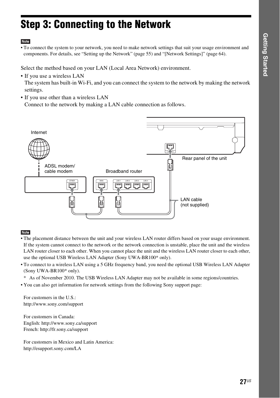 Step 3: connecting to the network, Step 3: connecting to the, Network | E 27), Ge tting star te d | Sony BDV-E780W User Manual | Page 27 / 84