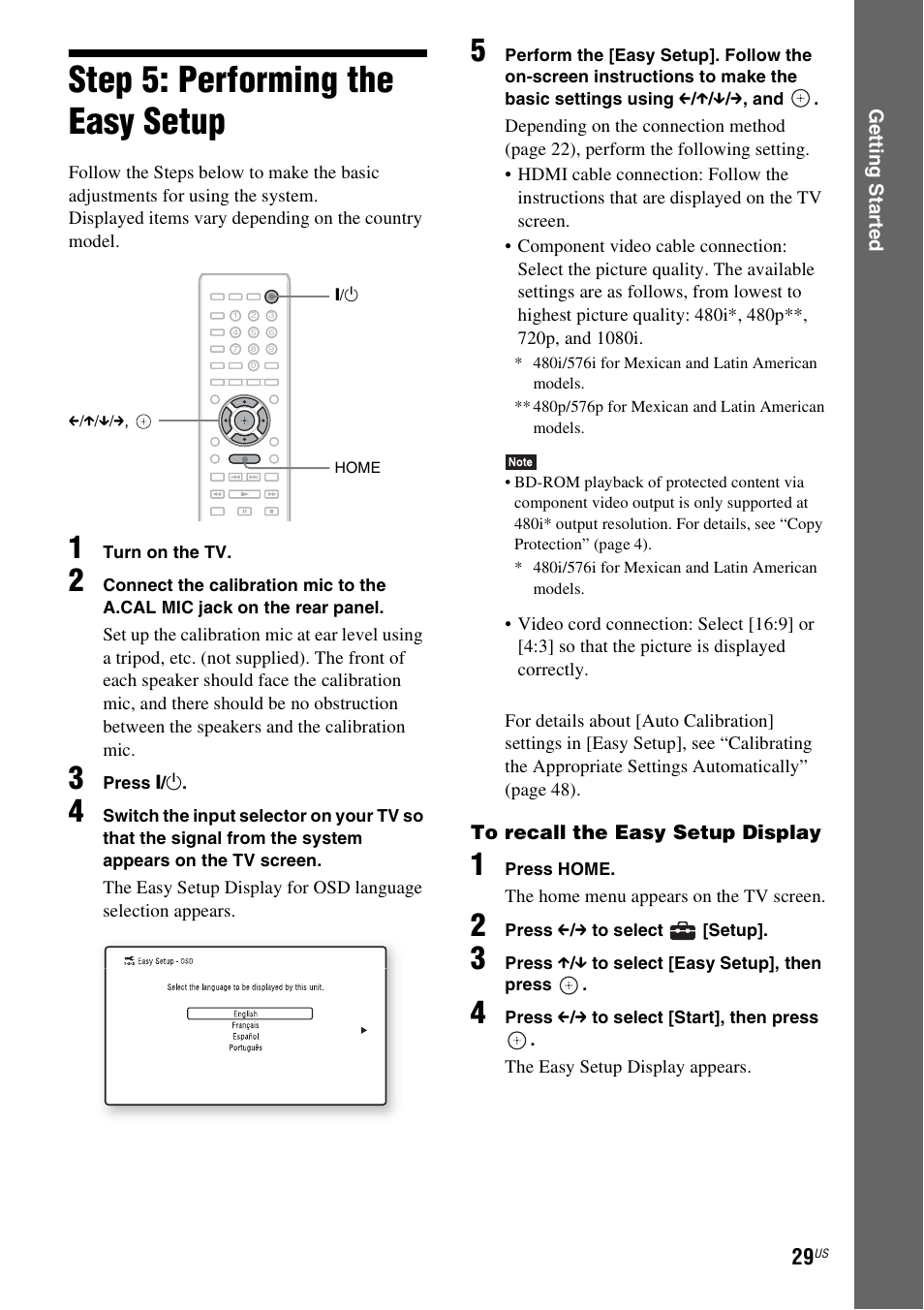 Step 5: performing the easy setup, Step 5: performing the easy, Setup | Es 29, E 29, E 29) | Sony BDV-E780W User Manual | Page 29 / 84