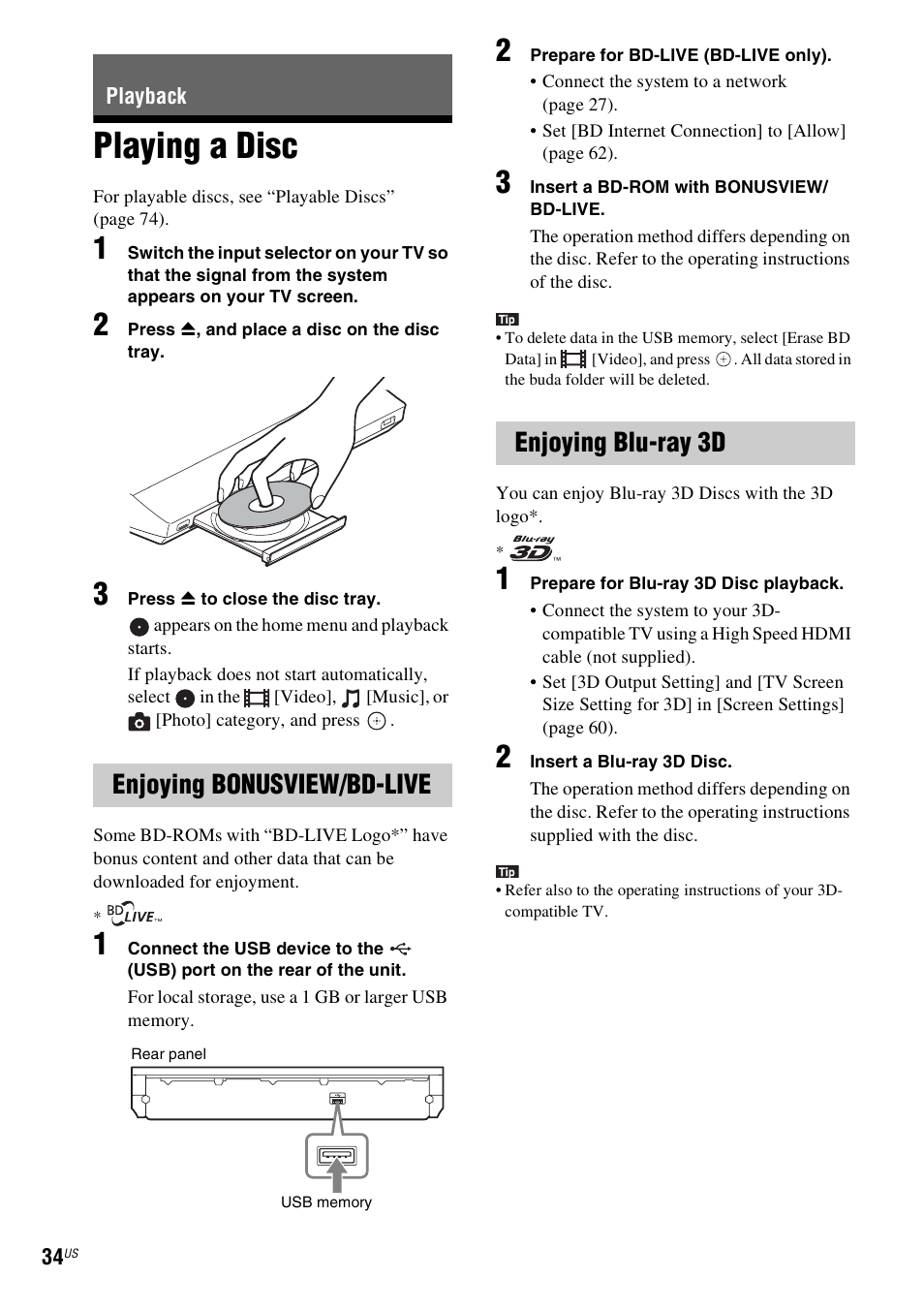 Playback, Playing a disc, Enjoying bonusview/bd-live | Enjoying blu-ray 3d, E 34), Es 34 | Sony BDV-E780W User Manual | Page 34 / 84