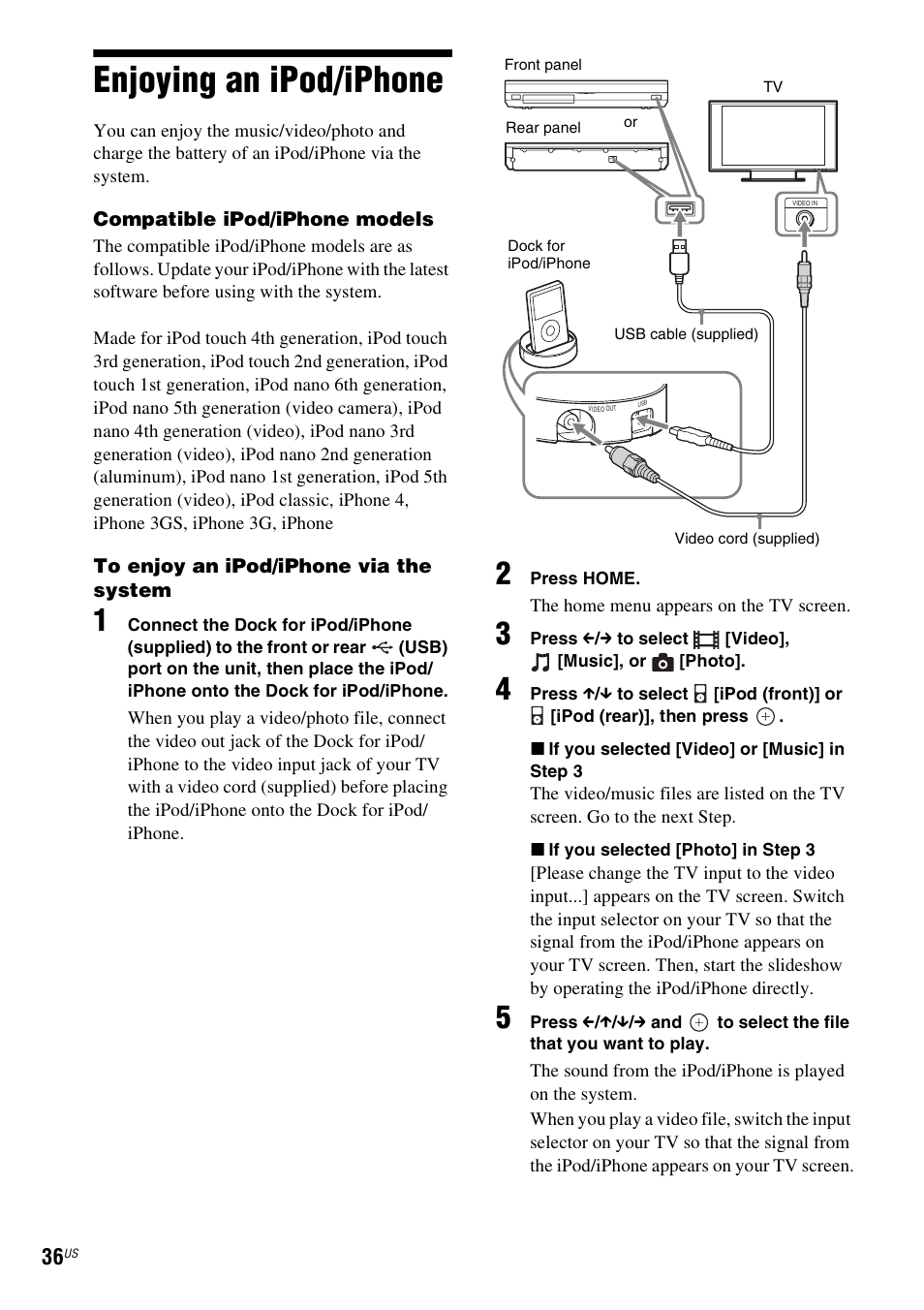 Enjoying an ipod/iphone | Sony BDV-E780W User Manual | Page 36 / 84