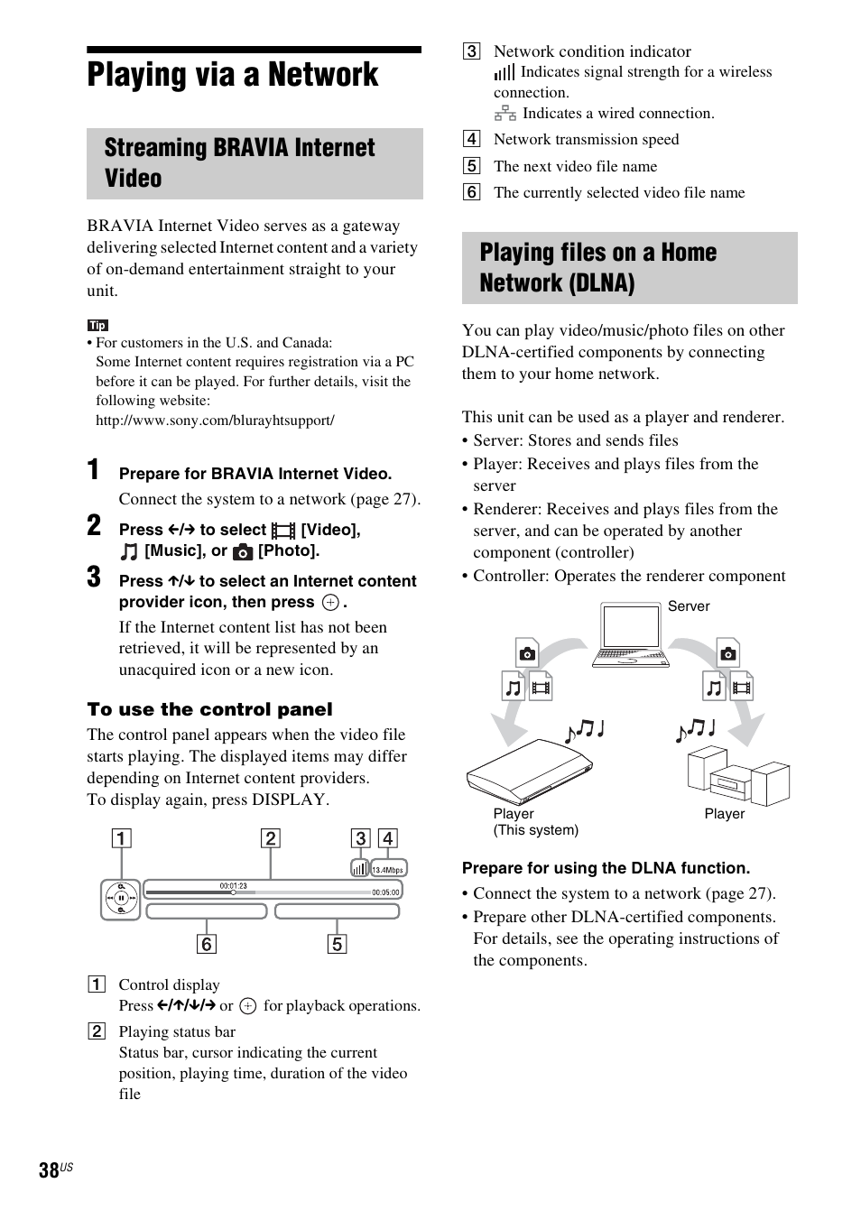 Playing via a network, Streaming bravia internet video, Playing files on a home network (dlna) | Sony BDV-E780W User Manual | Page 38 / 84