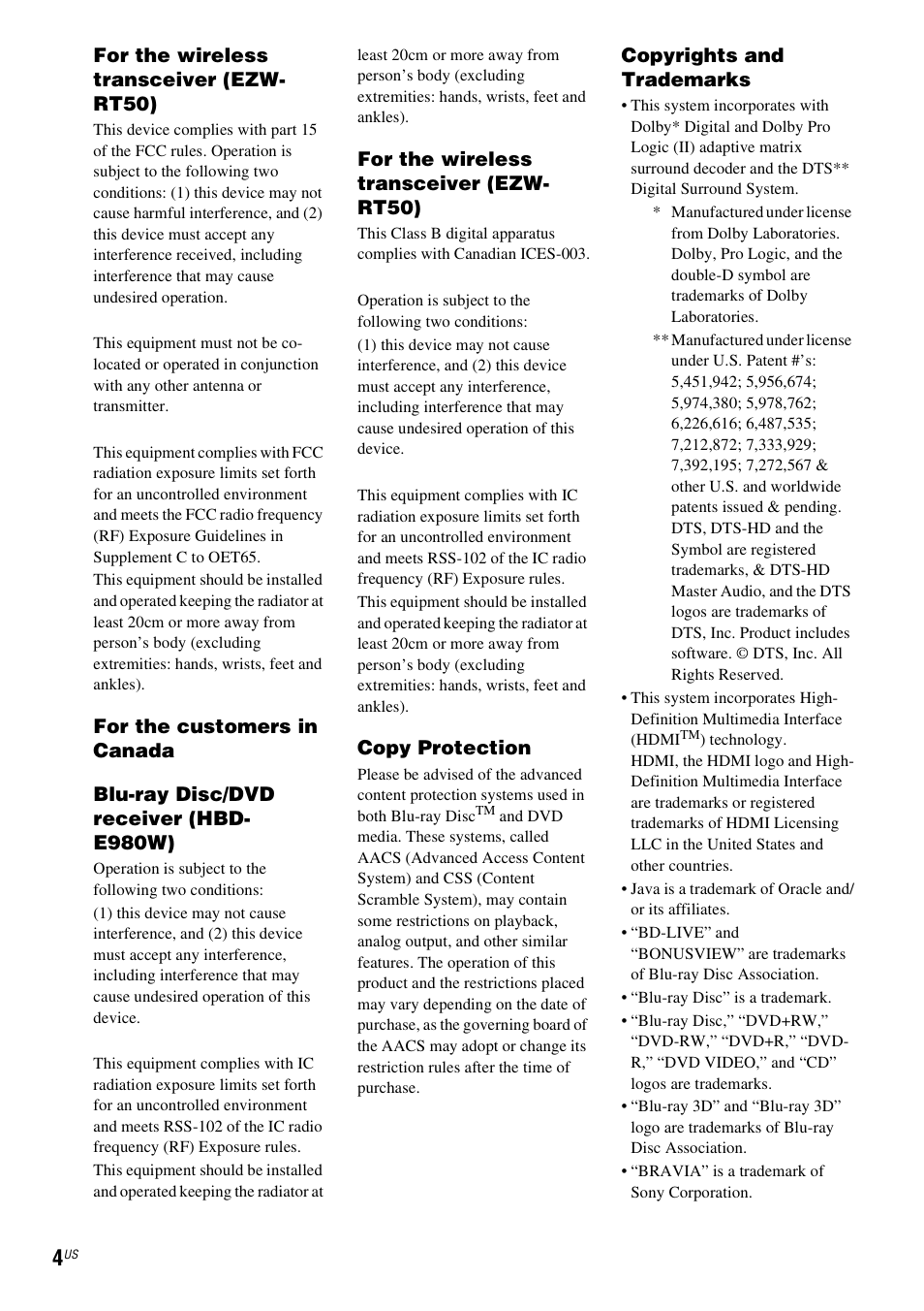 For the wireless transceiver (ezw- rt50), Copy protection, Copyrights and trademarks | Sony BDV-E780W User Manual | Page 4 / 84