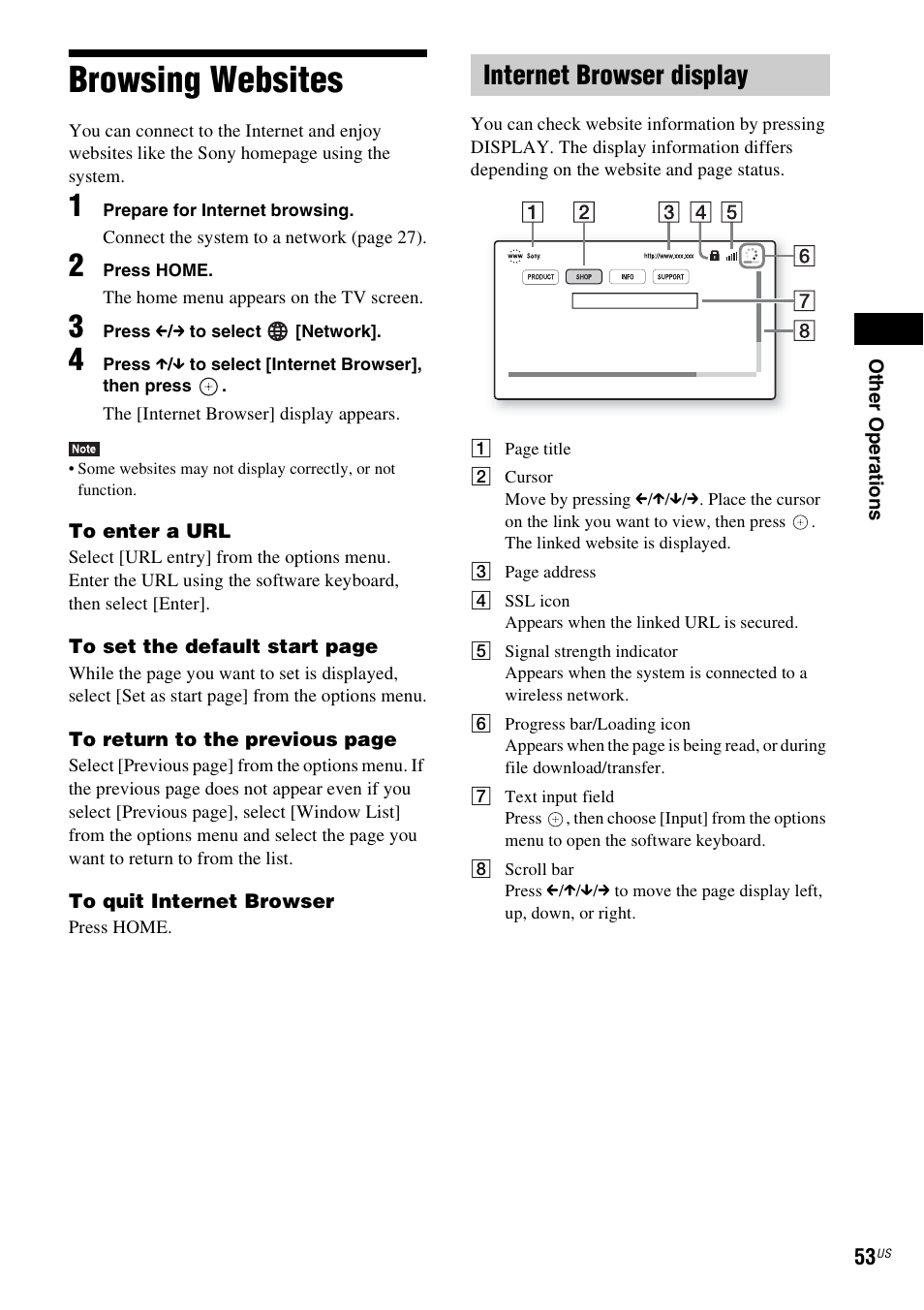 Browsing websites, Internet browser display | Sony BDV-E780W User Manual | Page 53 / 84