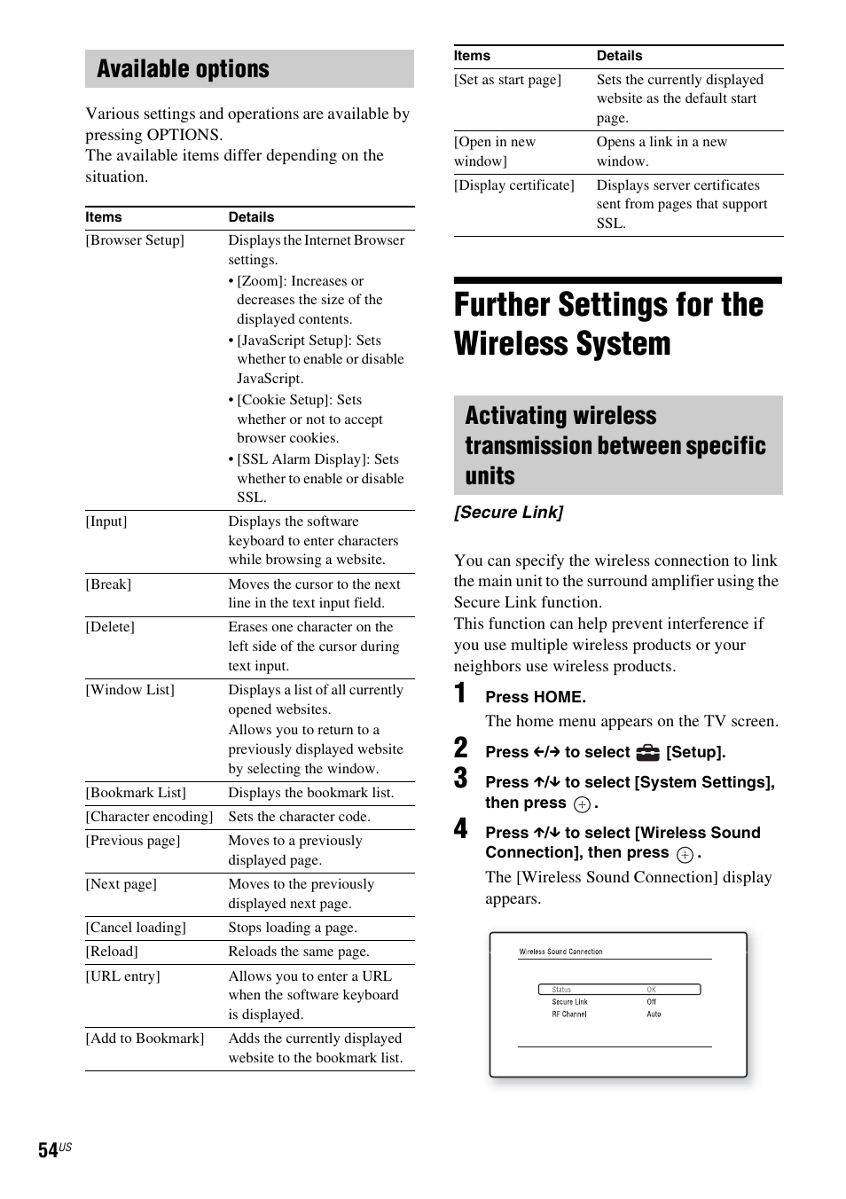 Available options, Further settings for the wireless system, Further settings for the wireless | System | Sony BDV-E780W User Manual | Page 54 / 84