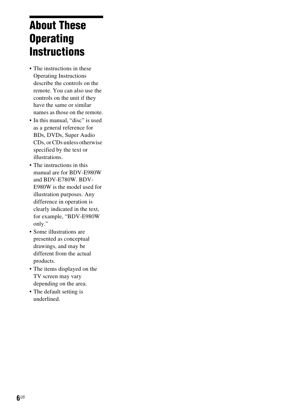 About these operating instructions | Sony BDV-E780W User Manual | Page 6 / 84