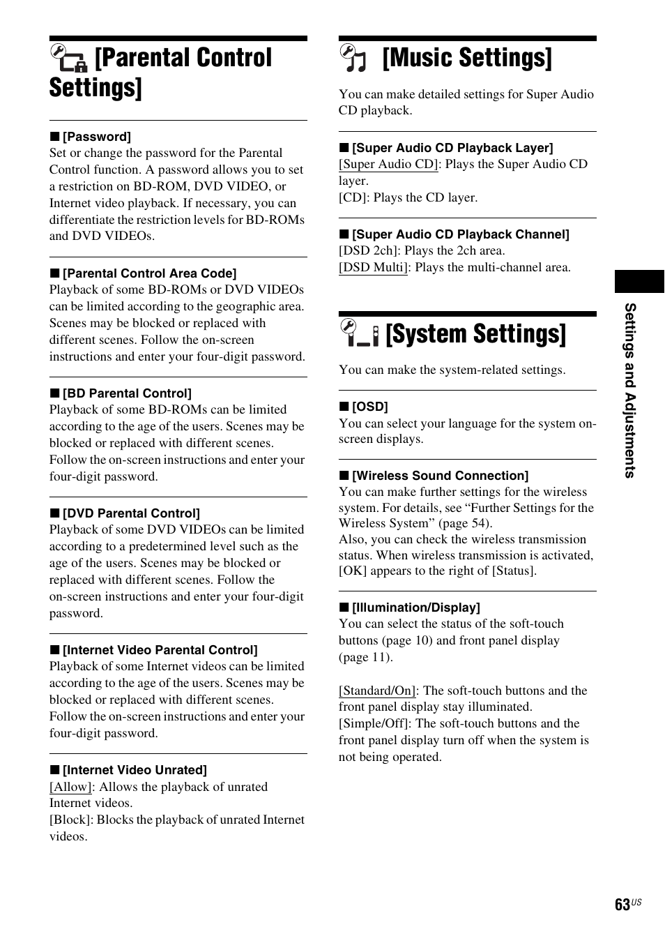 Parental control settings, Music settings, System settings | Sony BDV-E780W User Manual | Page 63 / 84