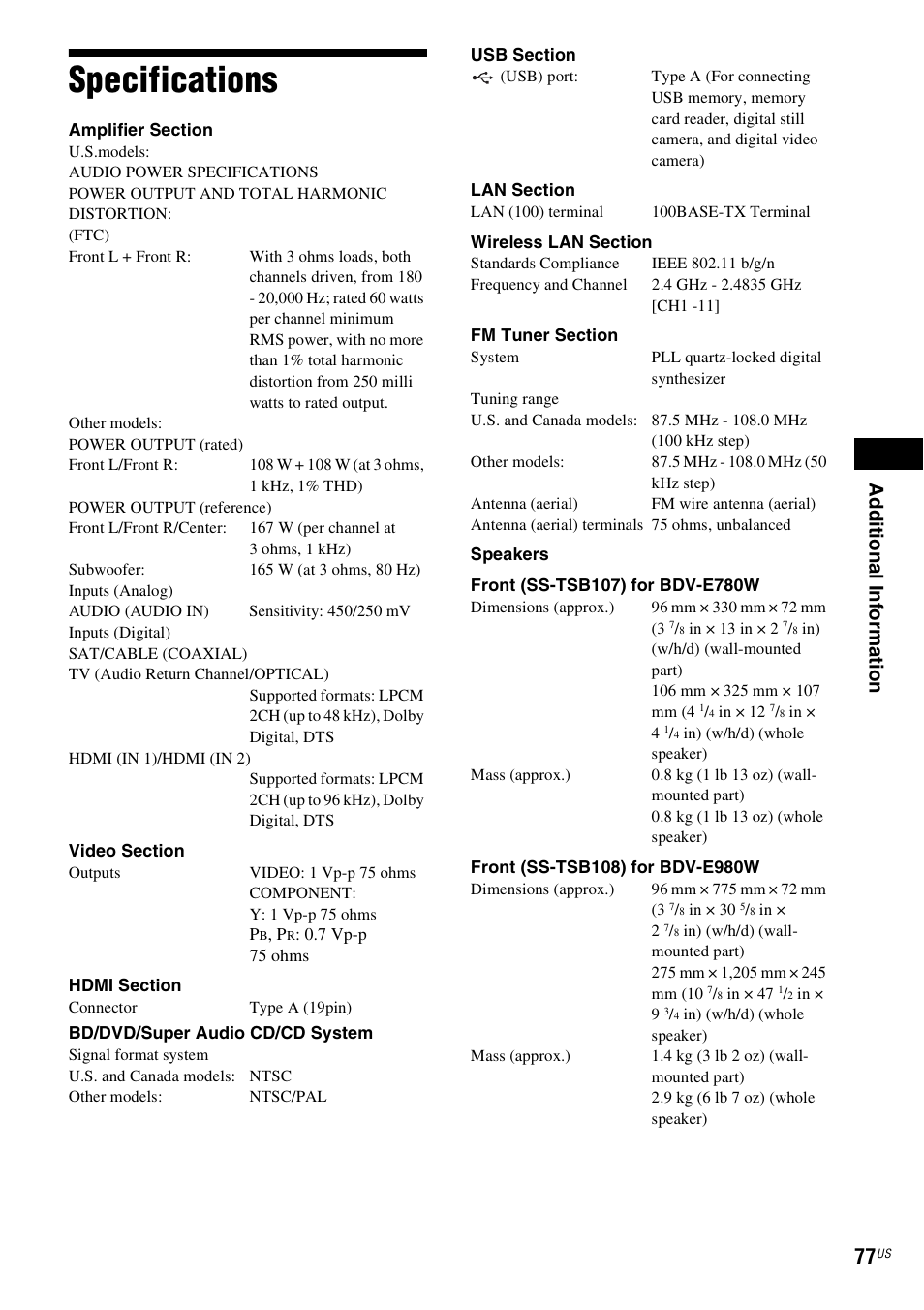 Specifications, Ad dit iona l inf o rma tion | Sony BDV-E780W User Manual | Page 77 / 84