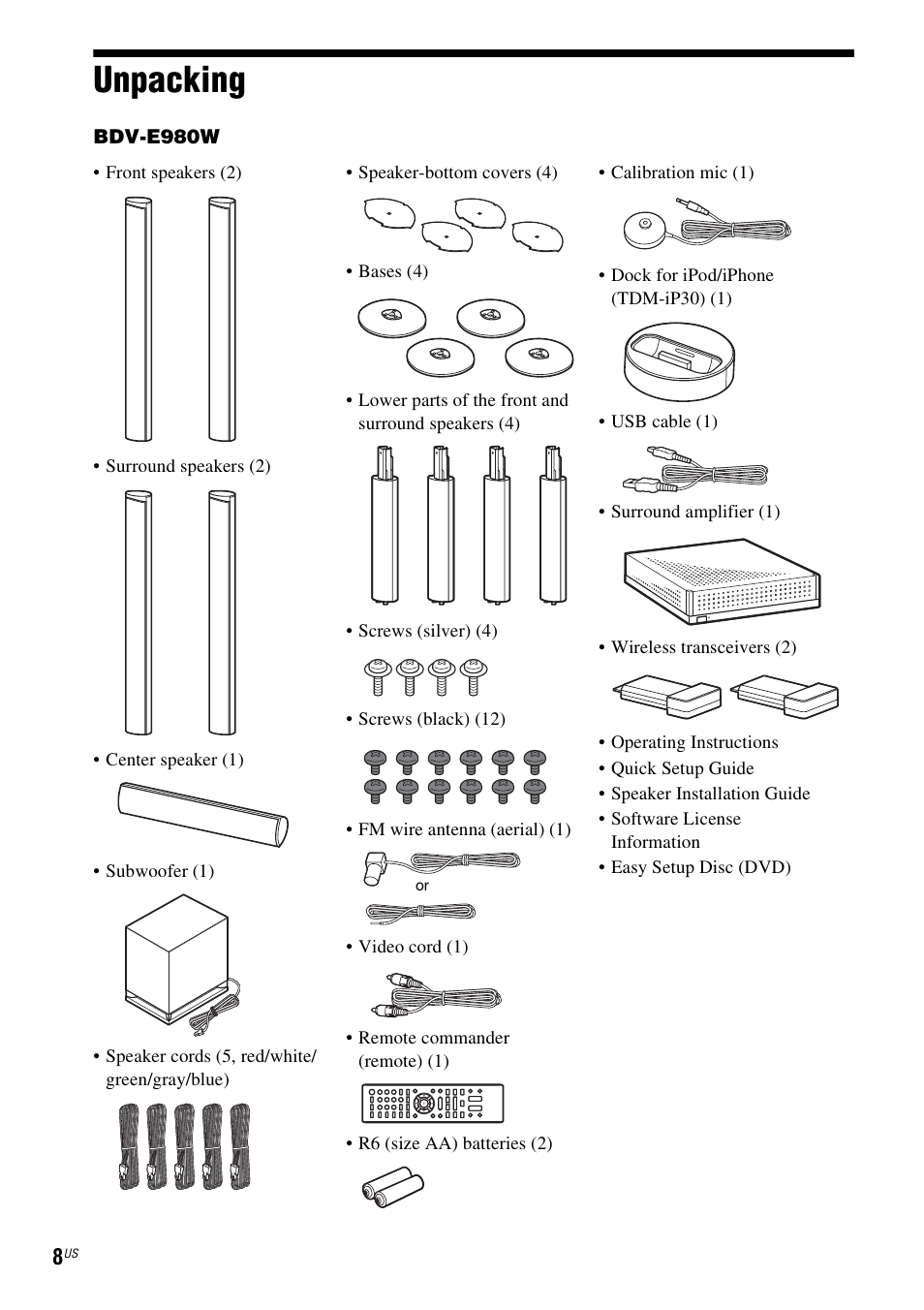 Unpacking | Sony BDV-E780W User Manual | Page 8 / 84