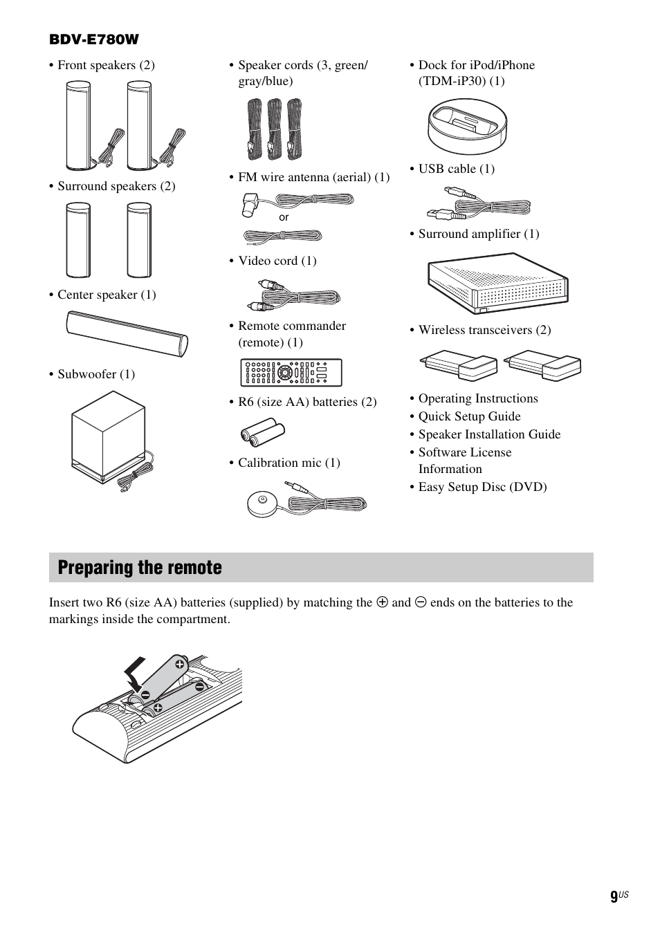 Preparing the remote | Sony BDV-E780W User Manual | Page 9 / 84