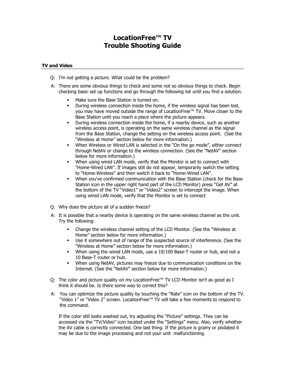 Locationfree™ tv trouble shooting guide | Sony LF-X1 User Manual | Page 2 / 13